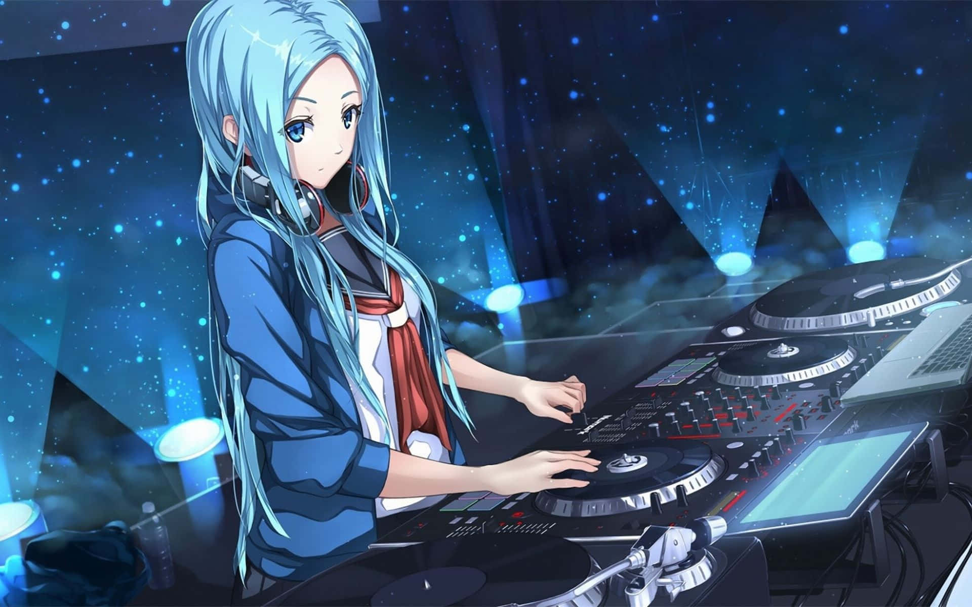 藍髮動漫DJ女孩在星光下混音。