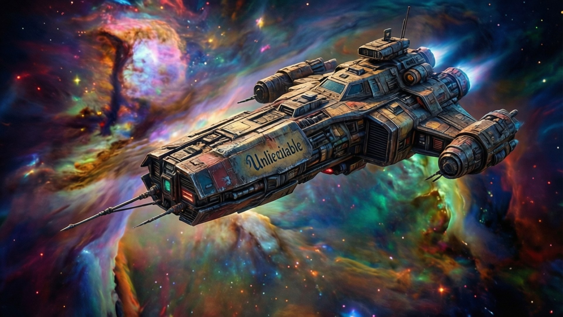 一艘名為 Unlieciable 的詳細太空船飛過太空中的彩色星雲
