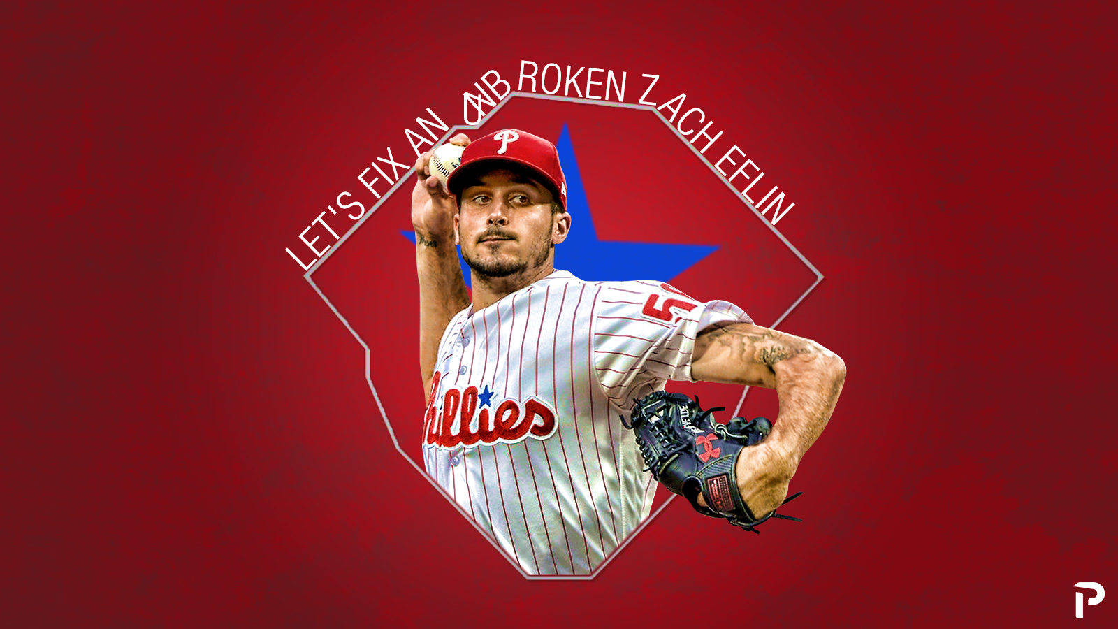 不屈的扎克·埃弗林 壁紙 — 費城人隊投手 Zach Eflin 身穿球衣，在鮮紅色背景及球隊品牌標誌襯托下，做出投球動作。