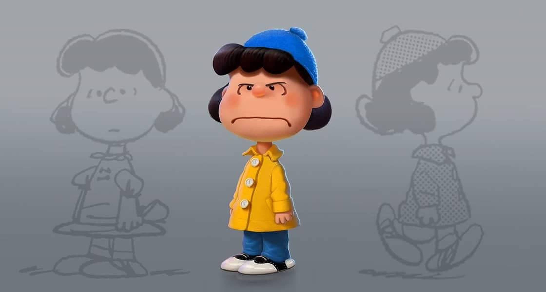 不悅的露西·凡·佩爾特 壁紙 — 來自《花生漫畫》的 Lucy van Pelt 以 3D 渲染呈現，身穿黃色外套和藍色帽子，背後有她模糊的草圖輪廓。