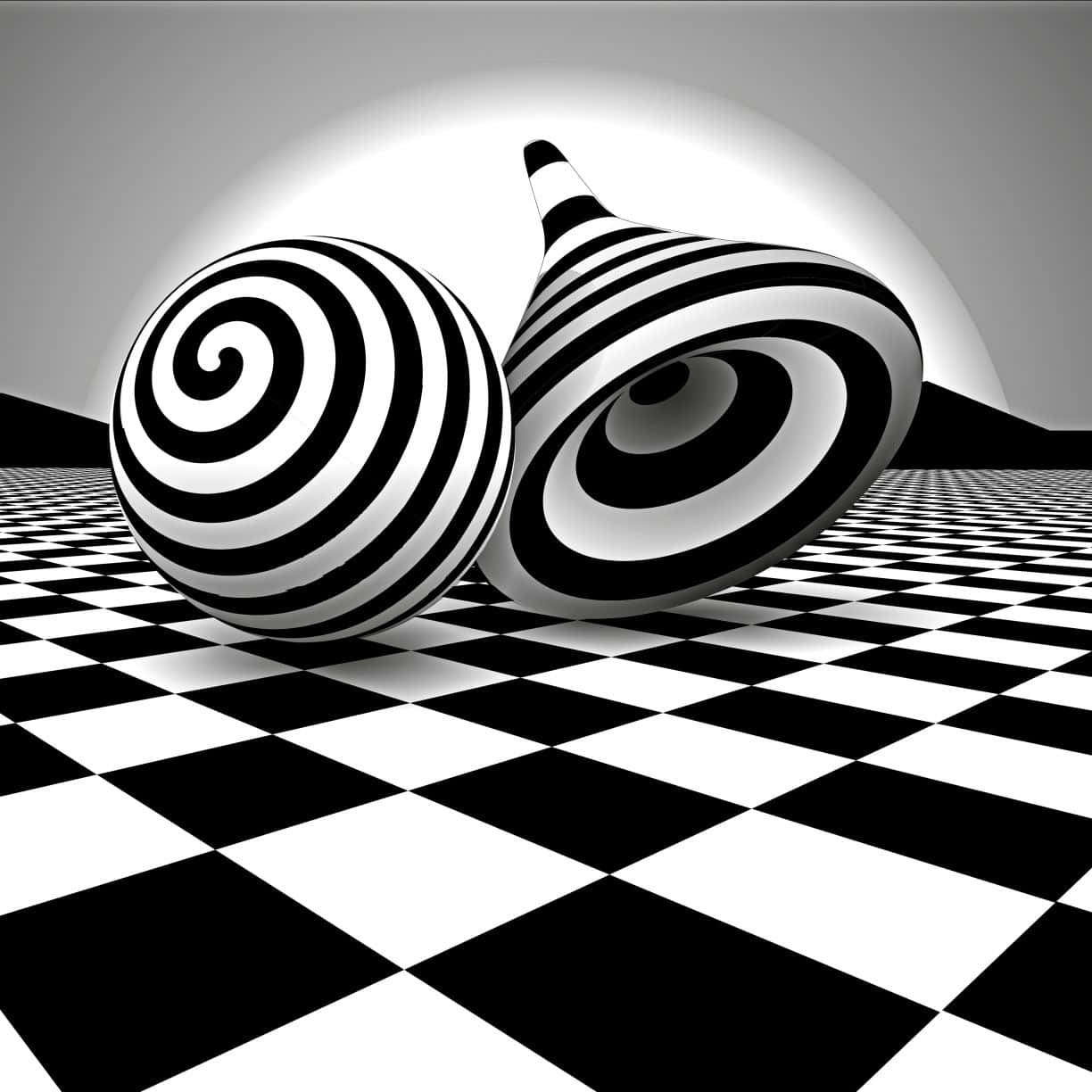 黑白棋盤格地板上的兩個螺旋3D形狀。