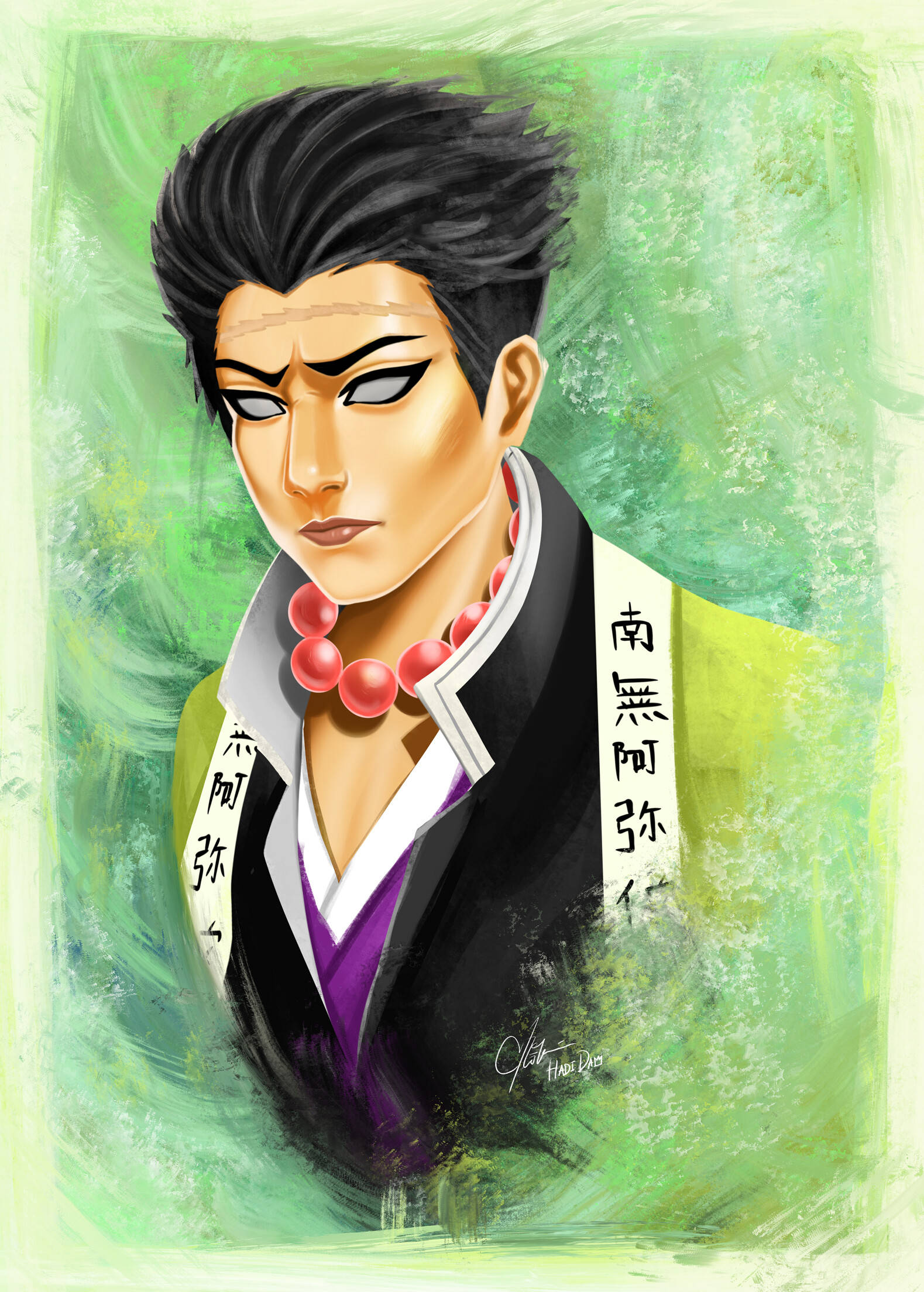不死川實彌動畫繪畫 壁紙 — 一個風格化的動畫肖像，描繪一名黑髮、戴紅色珠子的男子，背景為有紋理的綠色。