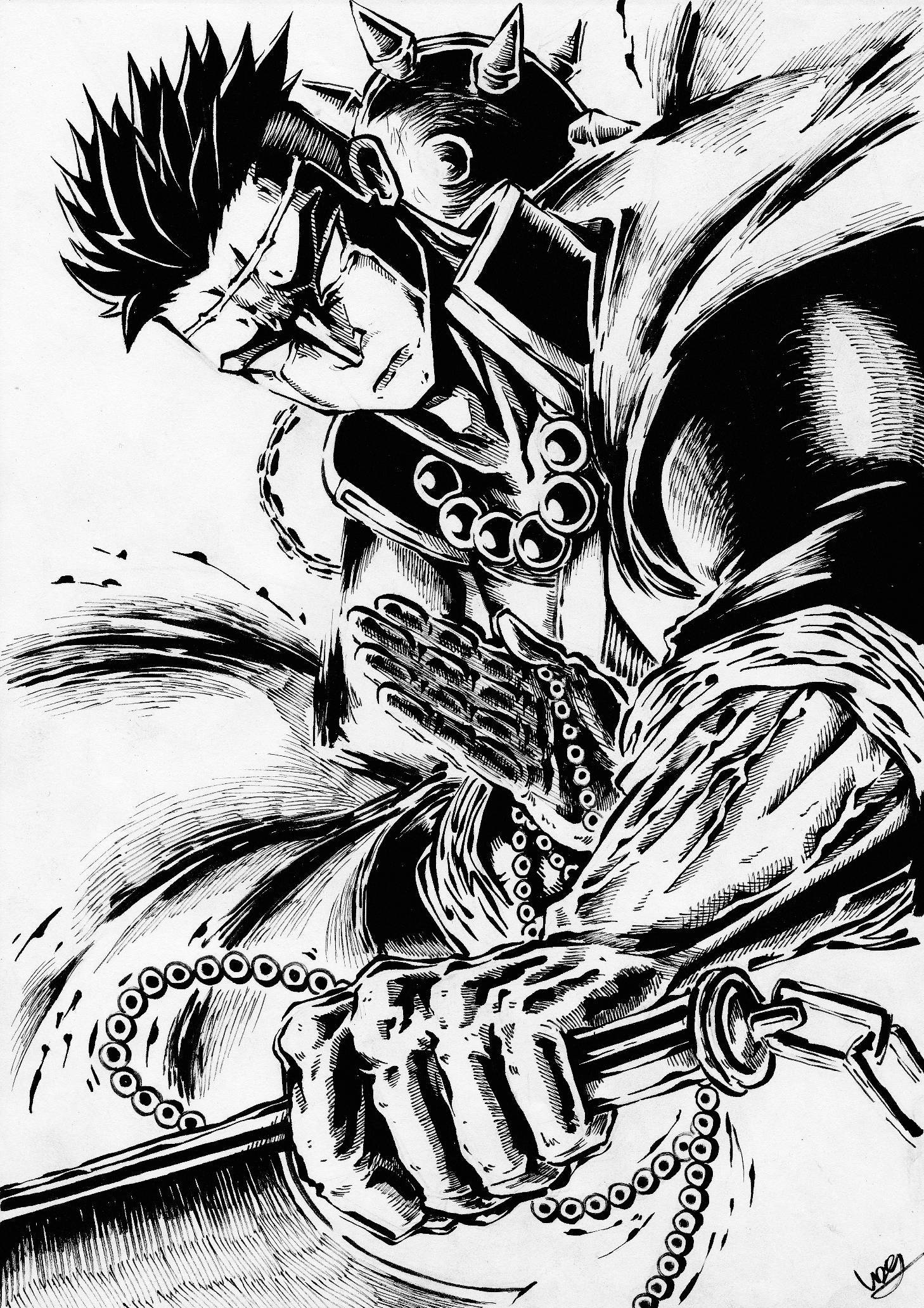 不死川實彌漫畫插畫 壁紙 — 一個動態的黑白動漫戰士，有著尖刺頭髮和尖刺頭盔，握著帶有鎖鏈的劍，以大膽的墨水風格處於動作中。