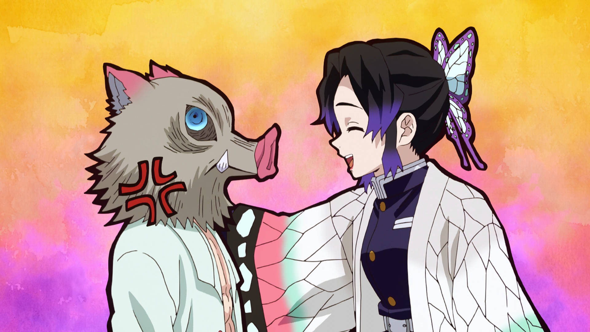 紫色頭髮、蝴蝶髮夾的動漫女孩對著豬頭惡魔微笑。