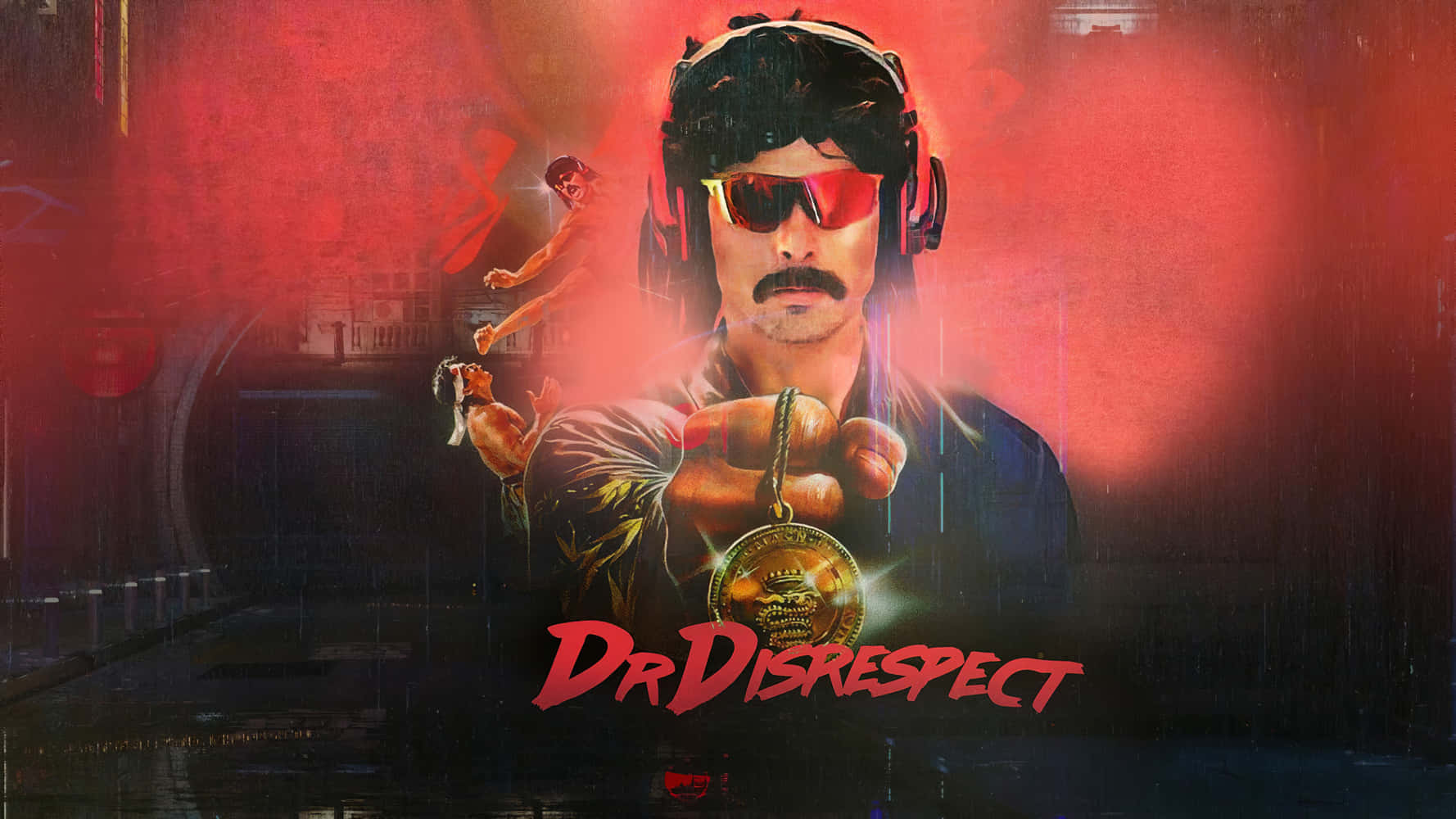 遊戲主播 Dr Disrespect 在霓虹燈照亮的城市場景中手持一枚金幣。