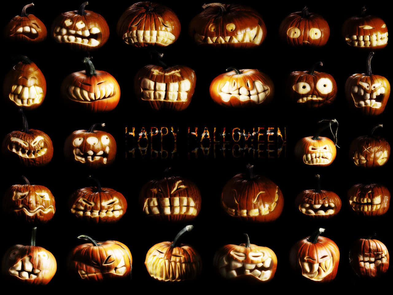二十個發光的雕刻南瓜，帶有可怕面孔，排列在網格中，帶有反光的happy halloween文字。