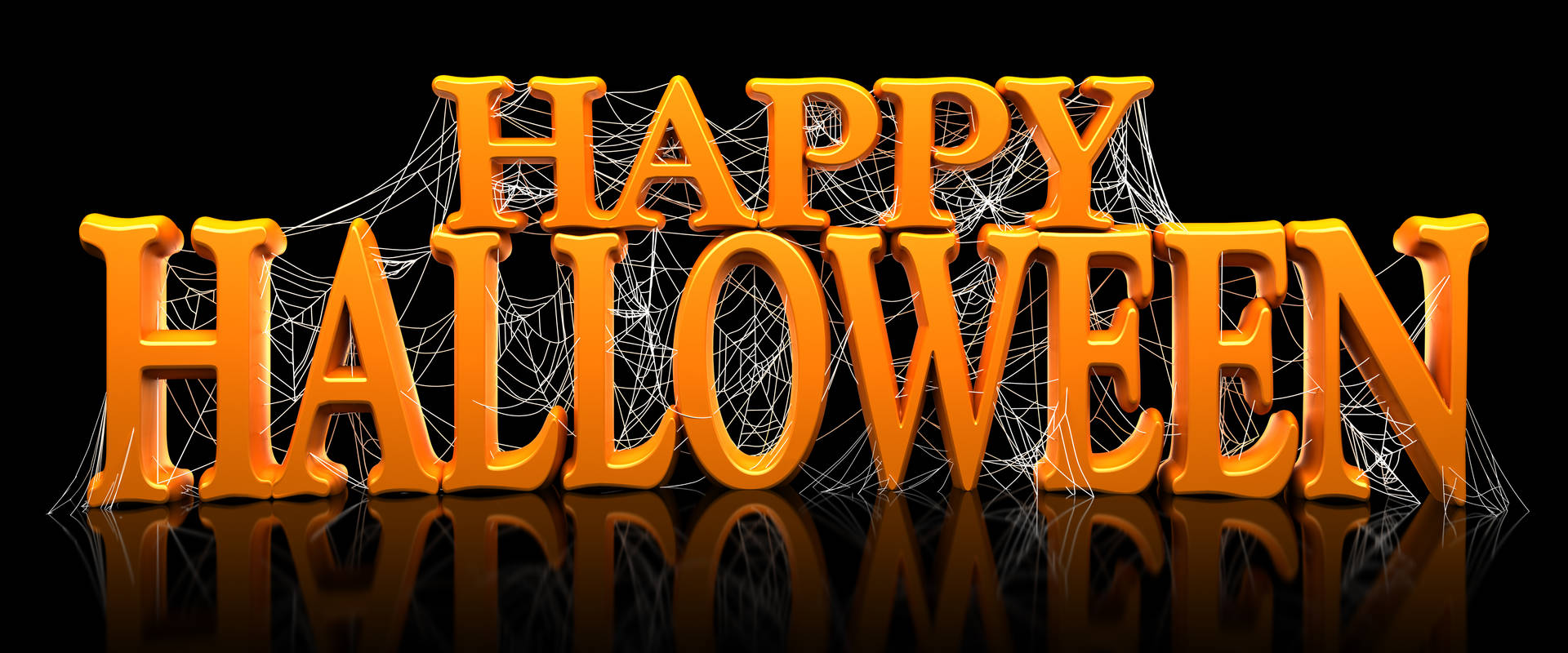 黑色反光背景上帶有蜘蛛網的橙色3D happy halloween字母。