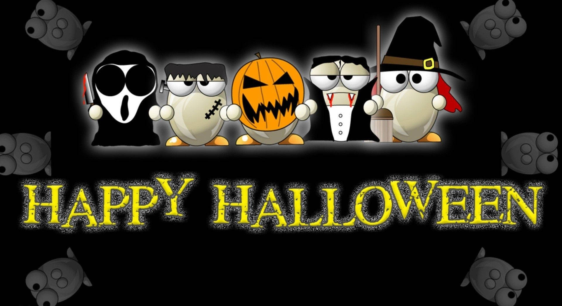 五隻穿著萬聖節服裝的企鵝，帶有發光文字寫著 happy halloween。