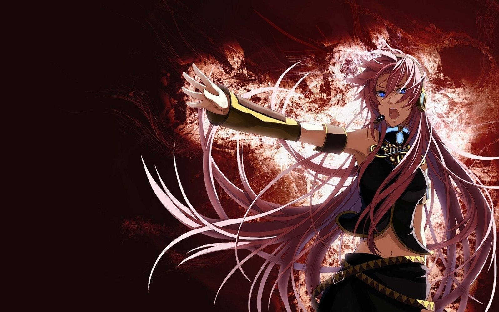 不良少女動漫 Megurine Luka 壁紙 — 一位擁有長長粉紅色頭髮和藍色眼睛的動漫女孩，在火紅與黑色的背景前伸出手。