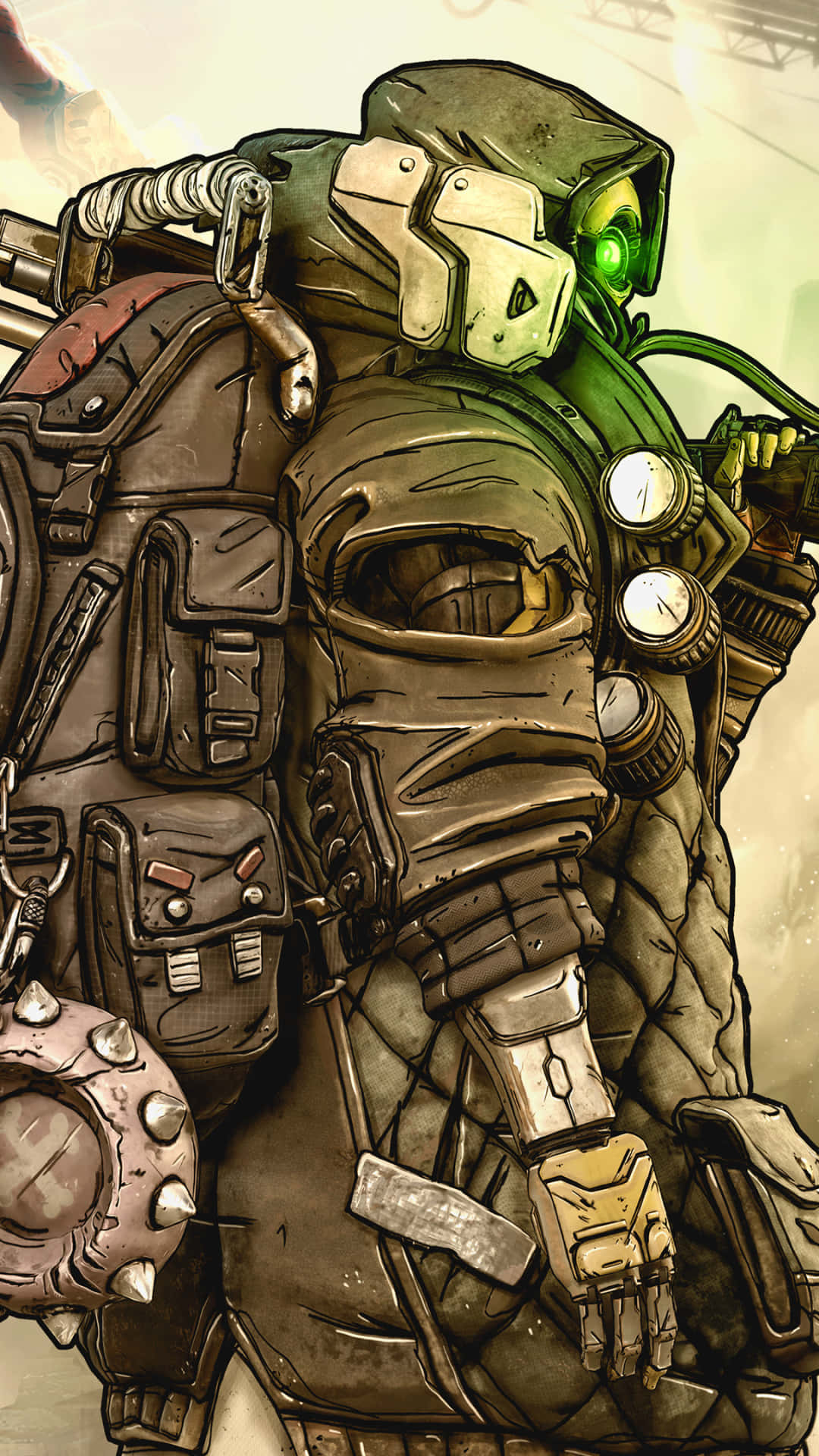不要只在 Pixel 3XL 上玩 Borderlands 3 — 還可以與朋友對戰 壁紙 — 一名身穿重型裝甲的士兵，擁有發光的綠色眼睛和防毒面具，站在一個粗糙、陽光明媚的工業環境中。