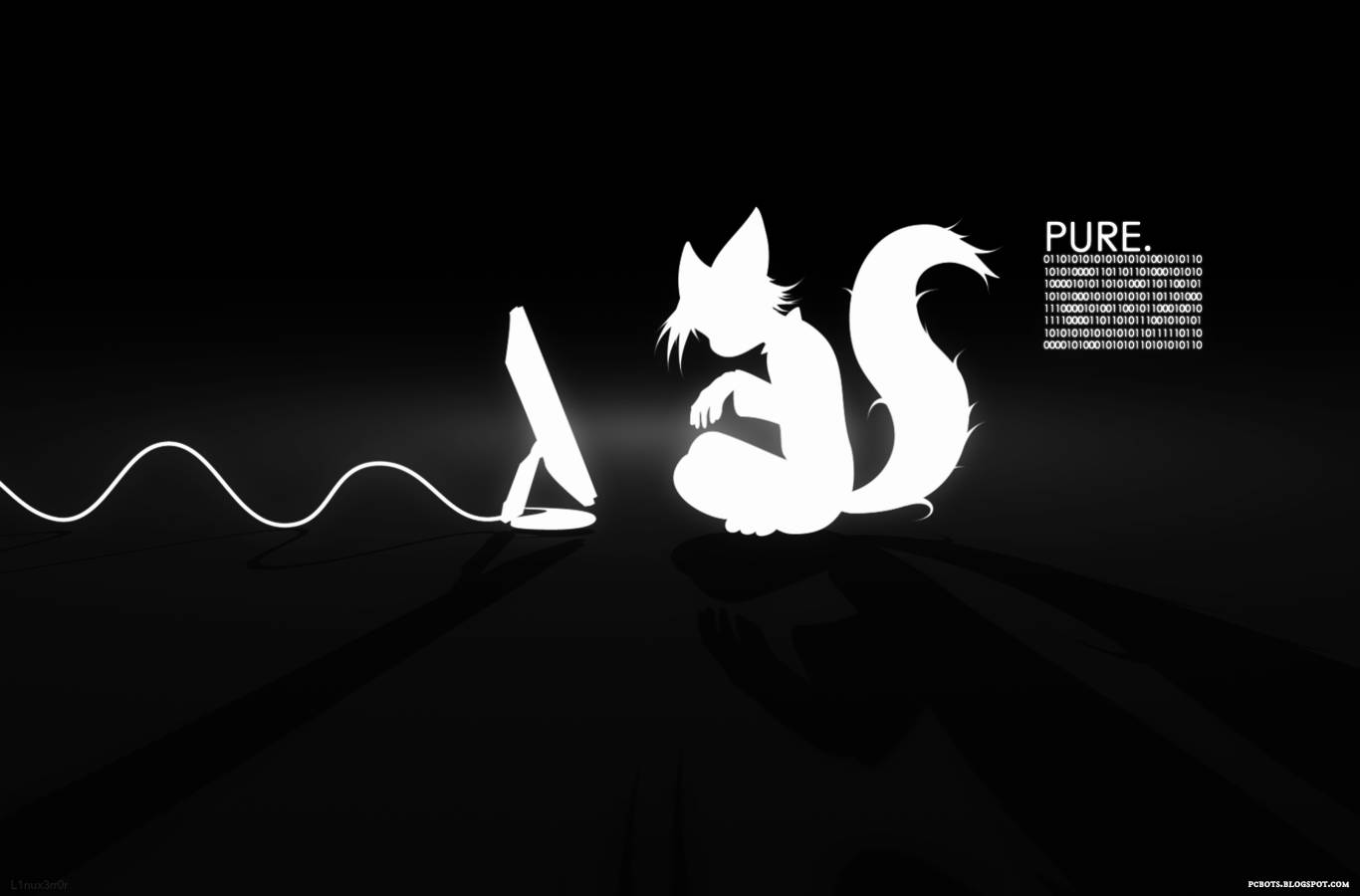 白色狐狸剪影在筆記型電腦旁邊，帶有二進制代碼文字 pure，黑色背景。 — 黑客 壁紙