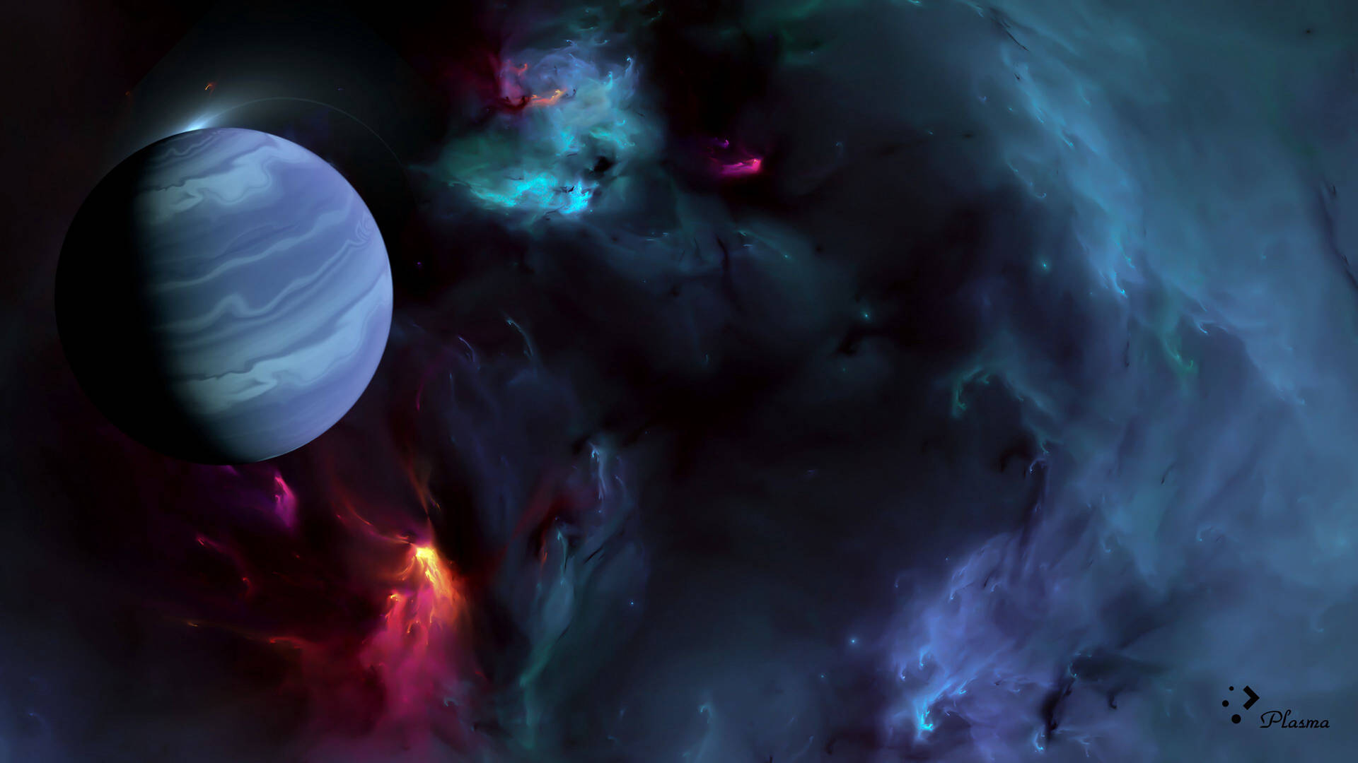 一顆藍色條紋行星在色彩繽紛的宇宙星雲中運行。