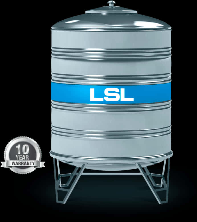 不鏽鋼儲水罐 LSL 10年保固 壁紙 — 一個大型銀色工業水箱，帶有藍色LSL品牌標識和10年保修封條，立在黑色背景的金屬支架上。