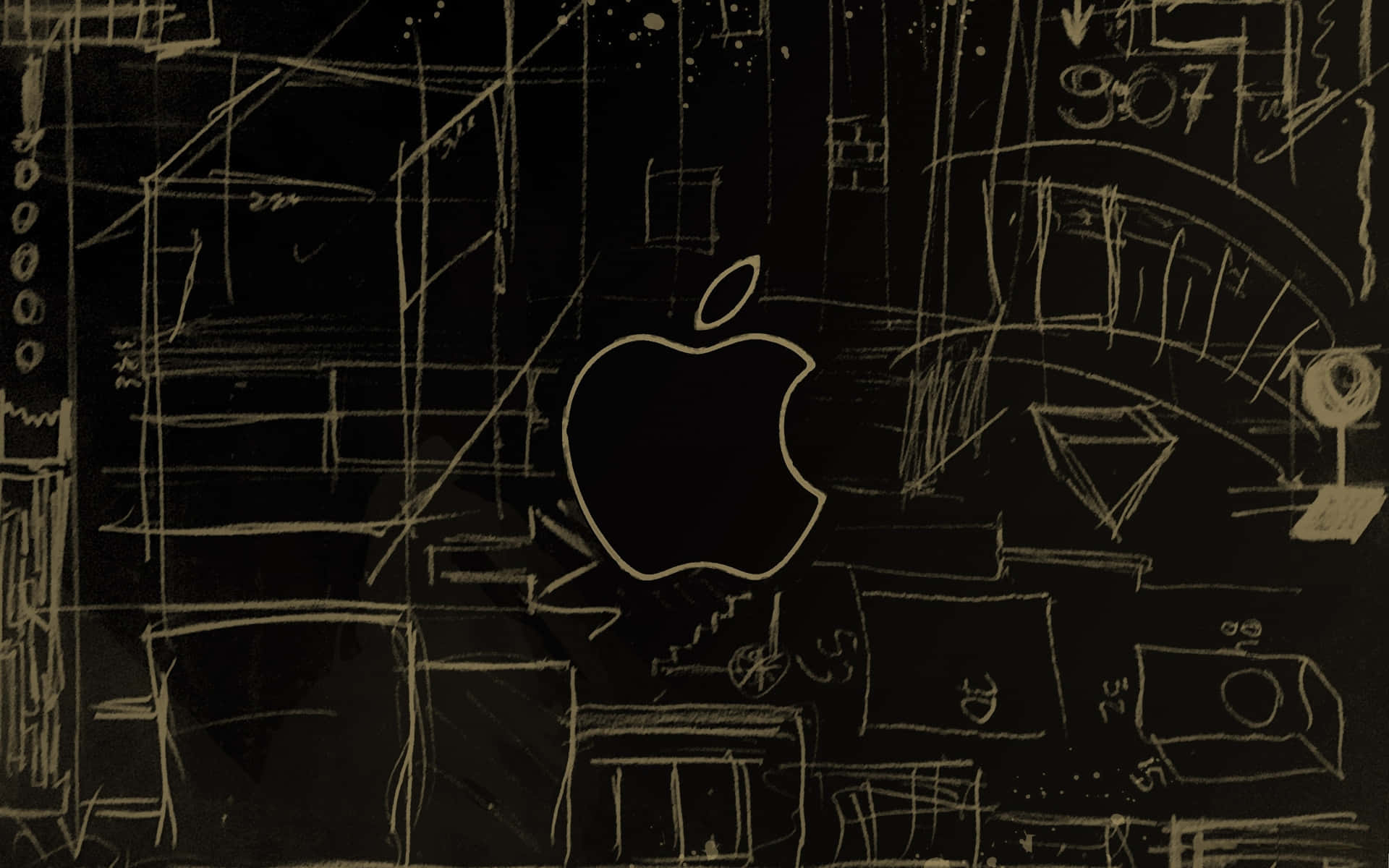 白色輪廓的Apple標誌在黑色黑板上的抽象草圖中。