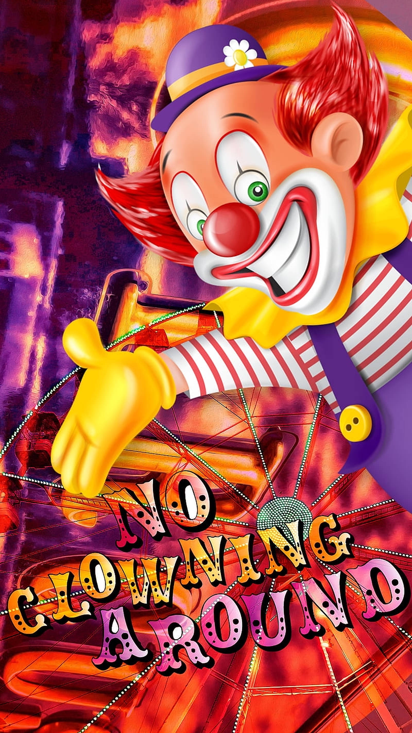 不開玩笑的小丑 壁紙 — 一個紅髮紫帽的卡通小丑，在火焰背景前持槍，粗體文字寫著no clowning around。