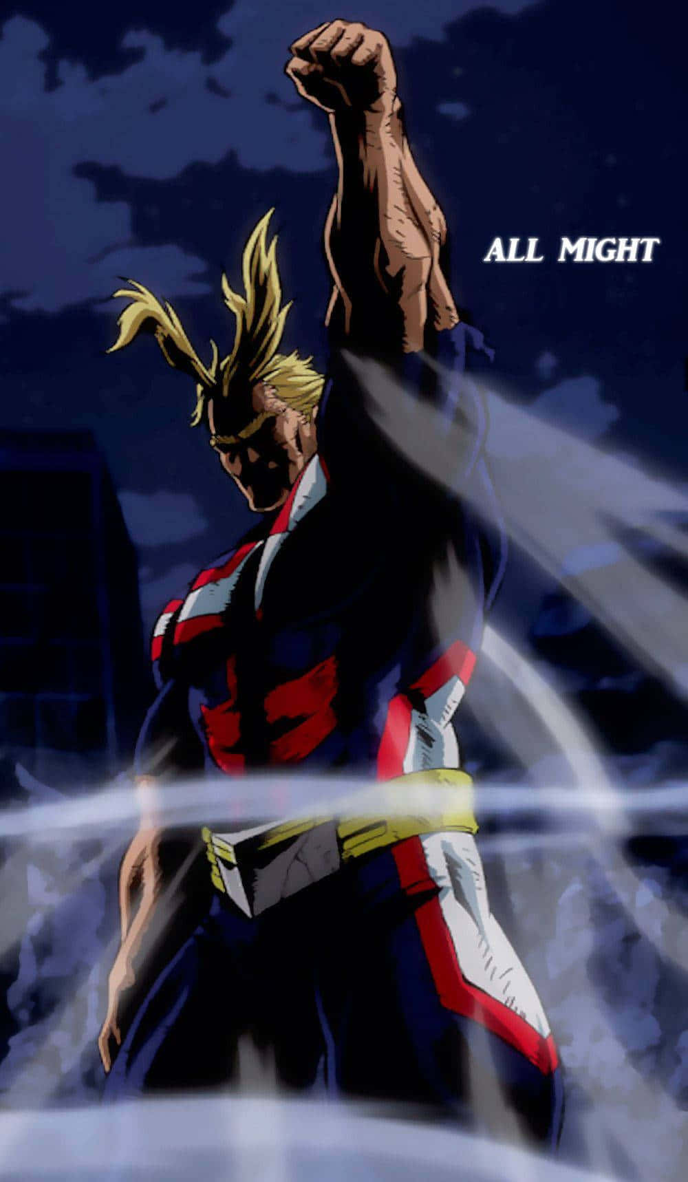 英雄 All Might 在黑暗的天空下以強勢姿態舉起拳頭。