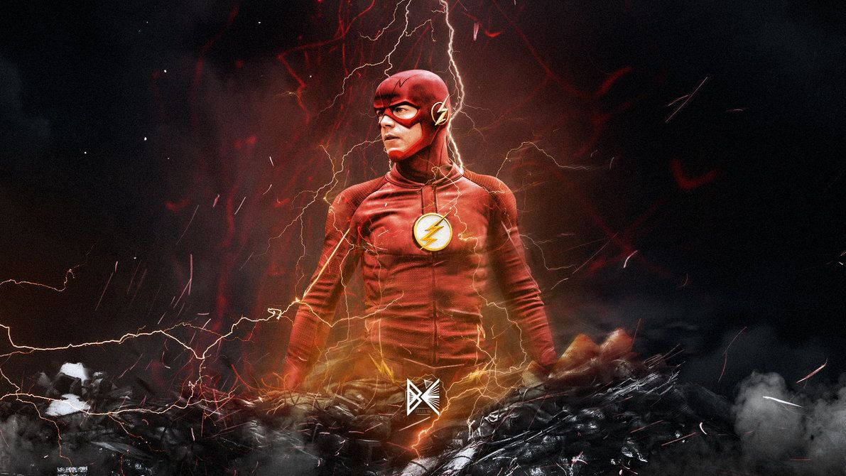 超級英雄 The Flash 在黑暗的暴風雨中，被閃電和瓦礫包圍。