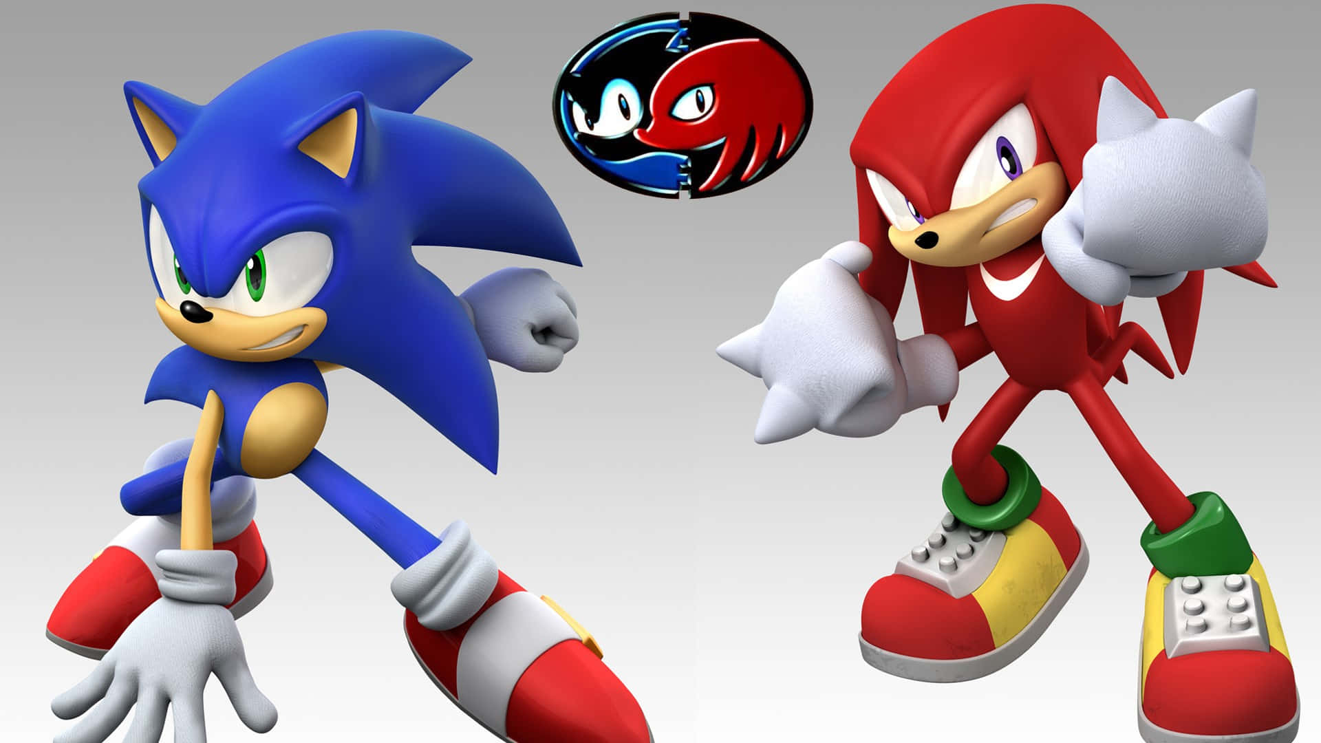 Sonic 同 Knuckles 嘅 3d 遊戲角色姿勢，上面有標誌