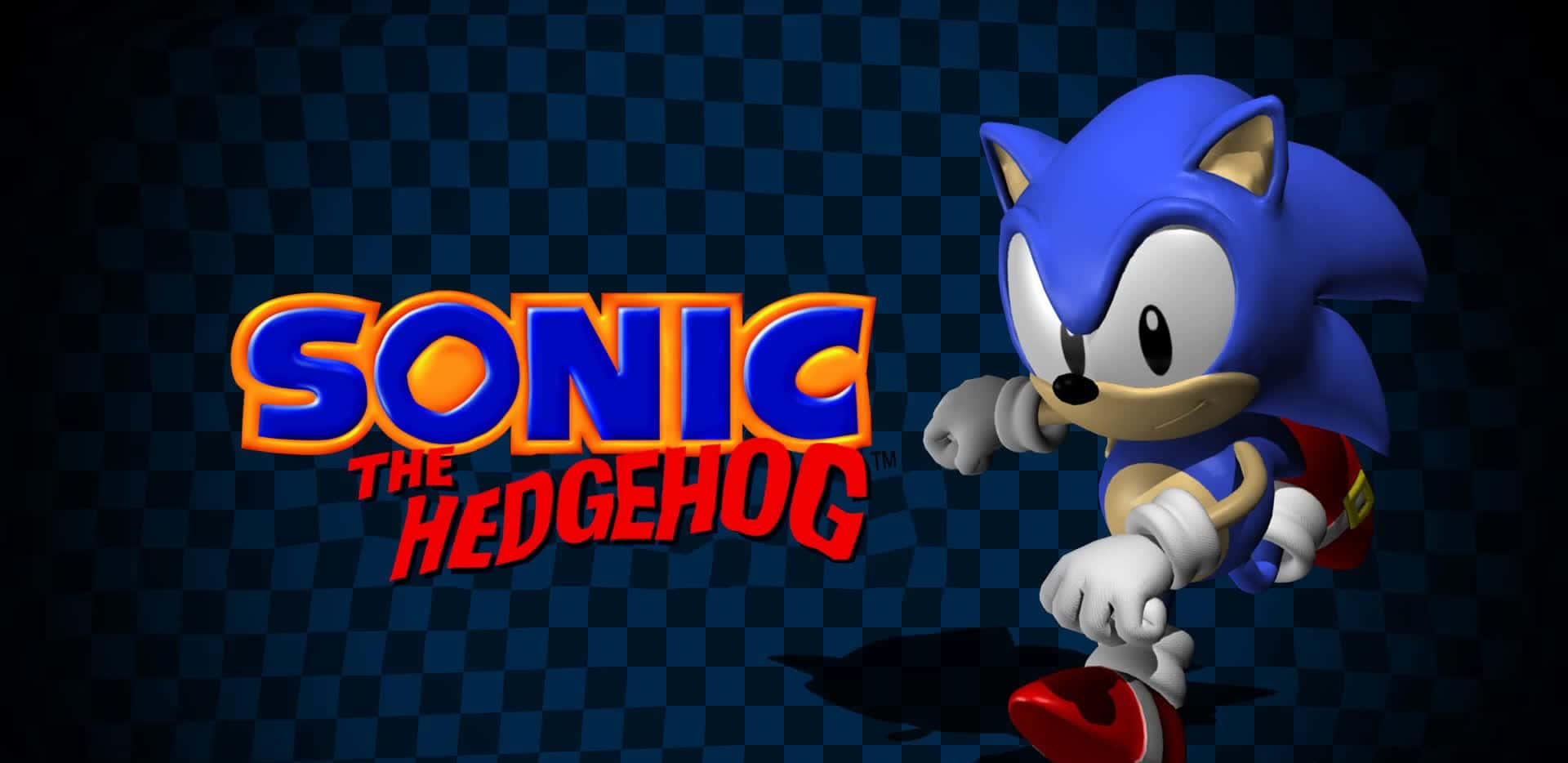 Sonic the Hedgehog 在格仔背景上與他的標誌一起奔跑。