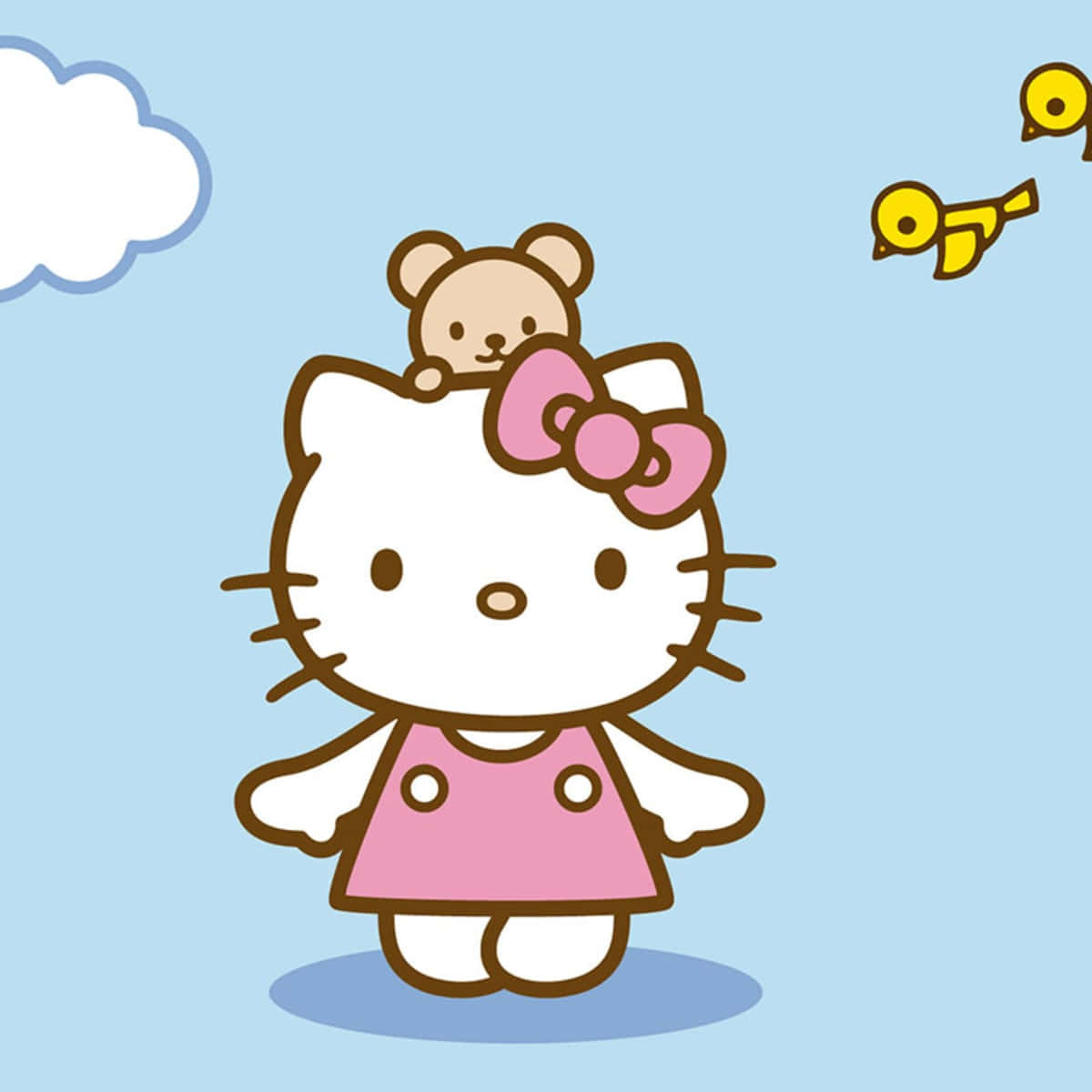 世界上最可愛的Hello Kitty 壁紙 — Hello Kitty 穿著粉紅色連衣裙，頭上有泰迪熊，黃色小鳥在淺藍色天空有雲中飛翔。