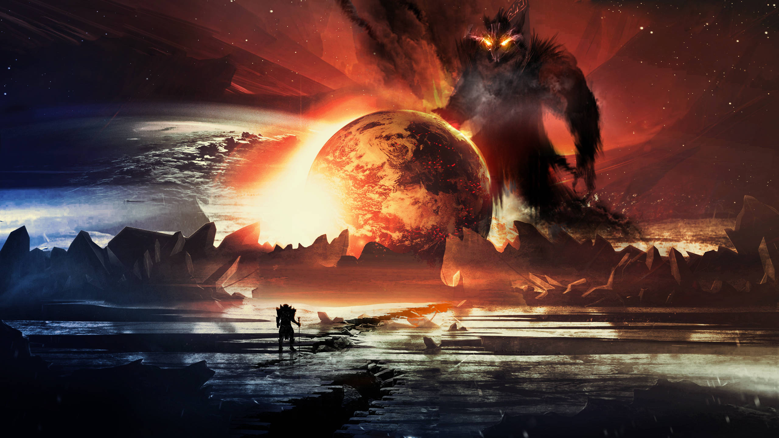 世界之上的怪物 壁紙 — 一個孤獨的戰士站在一個巨大的發光行星前，一個怪物的陰影在熾熱的宇宙天空中隱現。