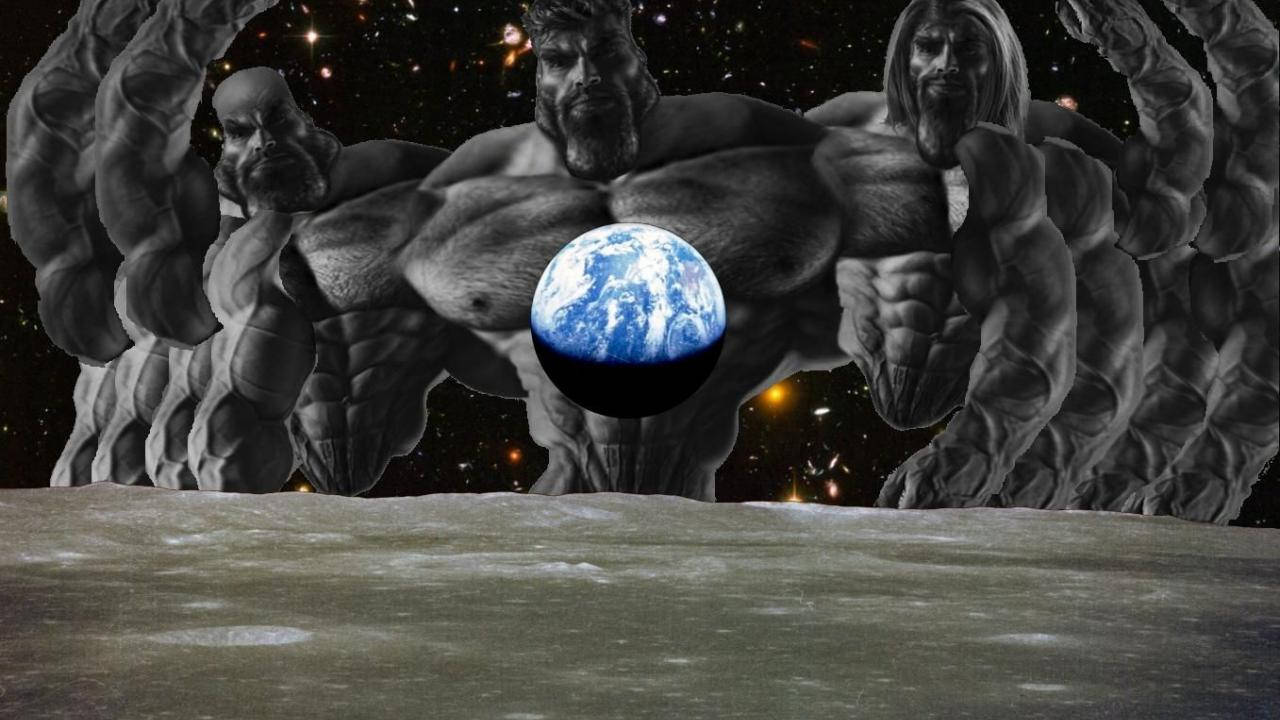 世界之王 Giga Chad 壁紙 — 三個巨大的肌肉人物站在佈滿隕石坑的月球上，在星光宇宙背景下托著藍色地球。