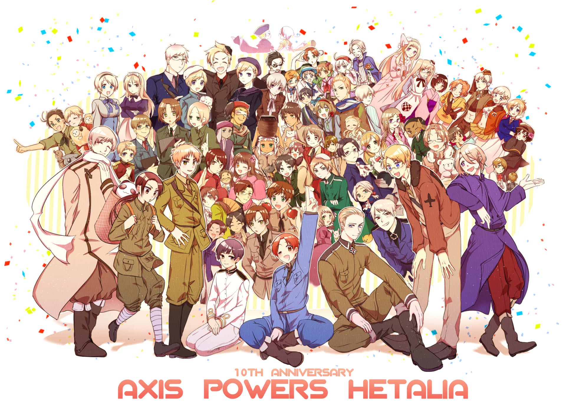 來自Axis Powers Hetalia的動畫角色用五彩紙屑慶祝。