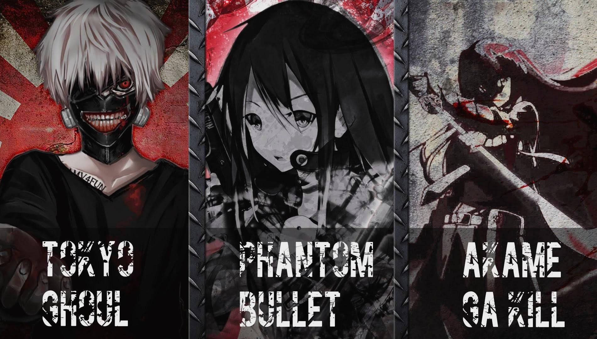 來自《東京喰種 Phantom Bullet》和《斬！赤紅之瞳》的三個動漫角色在黑暗風格化的面板中。