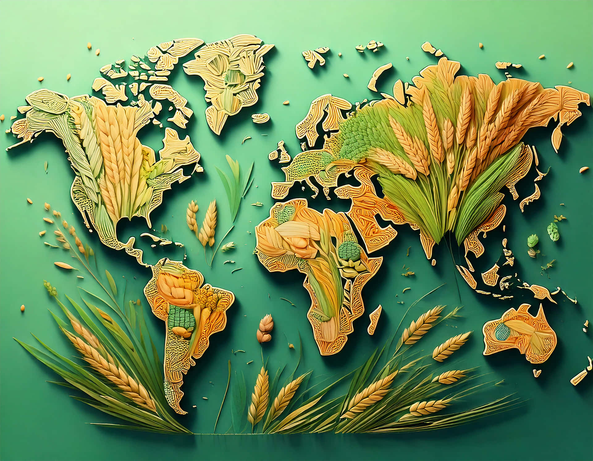 世界地圖 壁紙 — 一個由金色麥稈和綠葉製成的3D世界地圖，背景為青綠色。