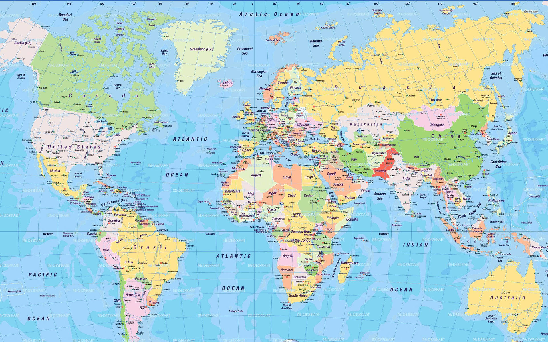 詳細的世界地圖，顯示所有大洲和海洋及國家名稱。