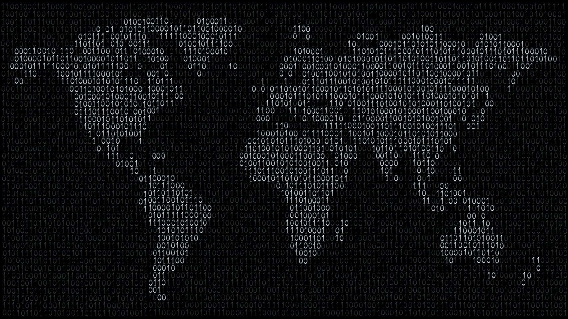 世界地圖代碼 壁紙 — 由發光二進制代碼在深色背景上形成的世界地圖輪廓。