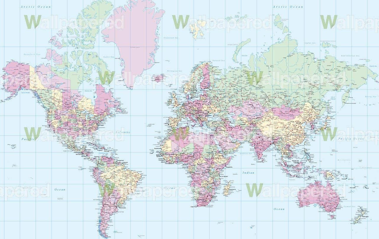 粉彩色世界地圖，帶有網格線和標籤的海洋。