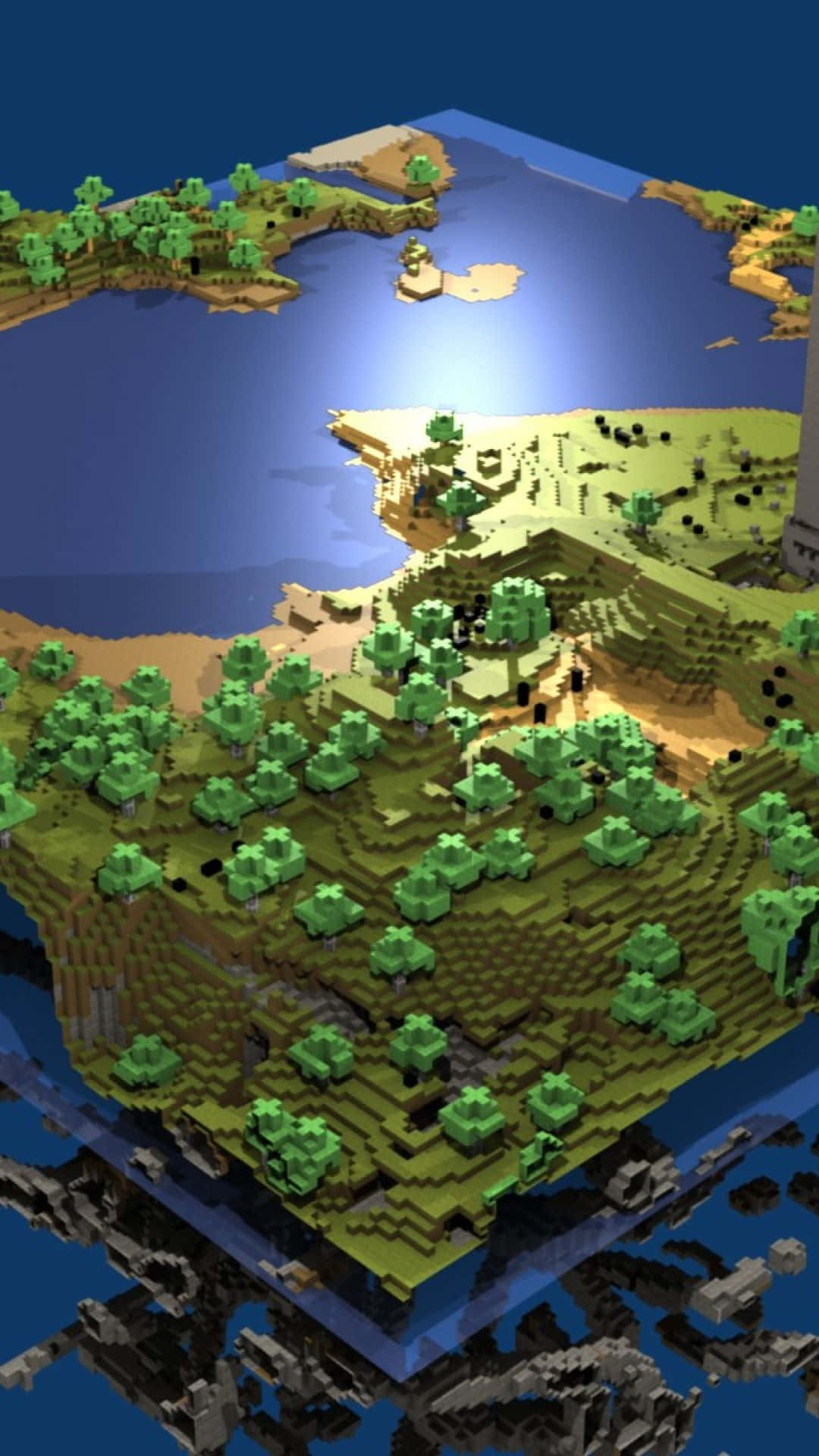 世界地圖模型像素3 Minecraft背景 壁紙 — 一個像素化的島嶼，有綠色樹木和棕色地形，漂浮在水面上，處於方塊狀的Minecraft風格世界中。