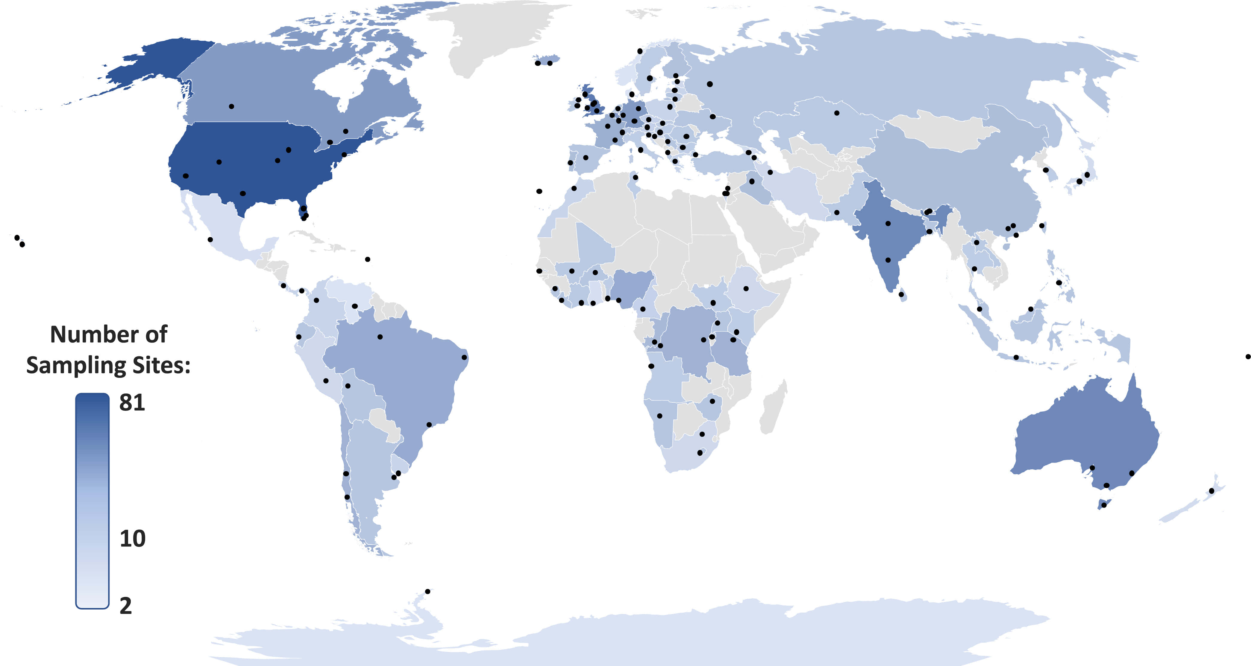 World 桌布 壁紙 — 世界地圖顯示採樣點密度，以藍色陰影和黑色圓點表示每個區域 2 到 81 個地點的位置。
