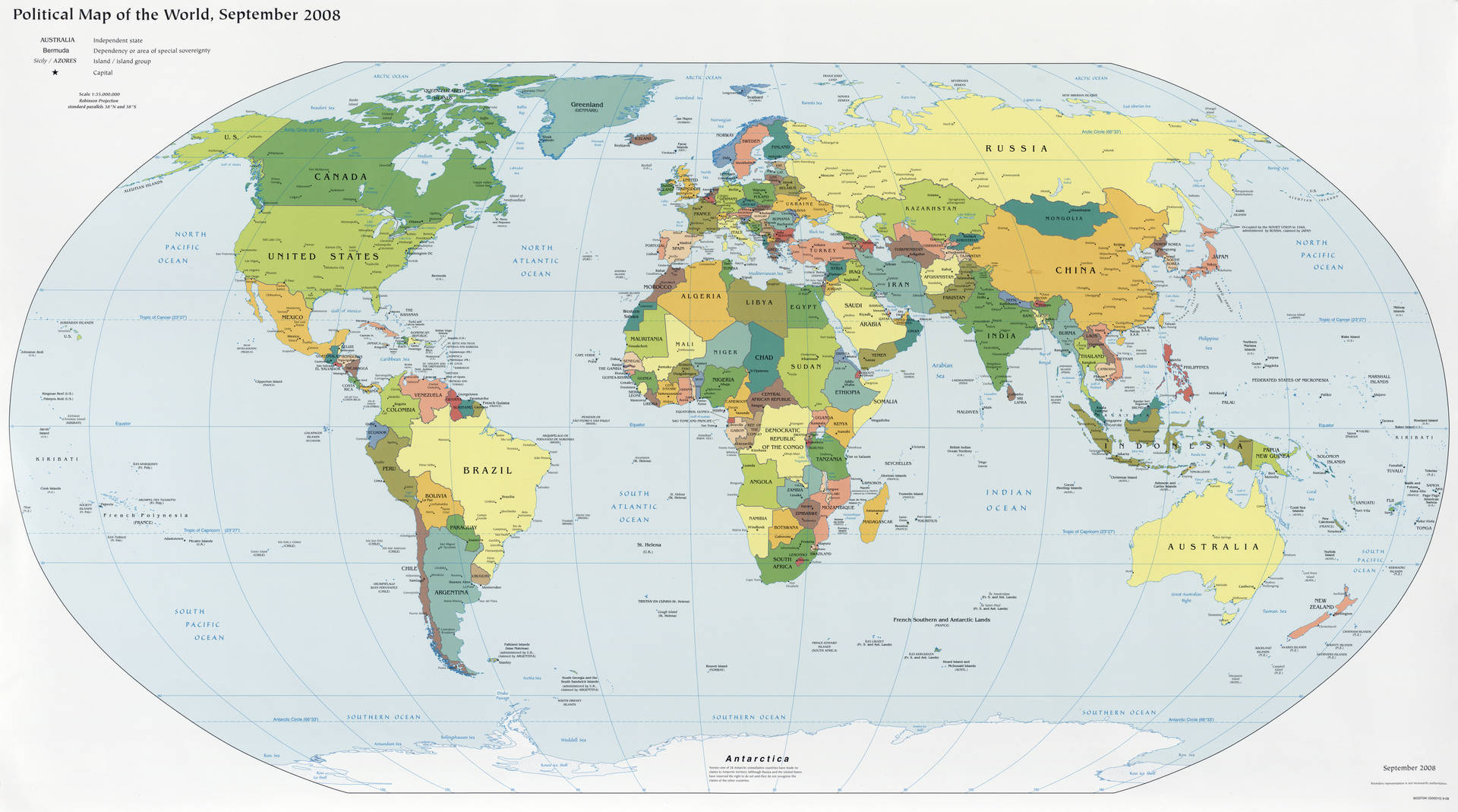 世界政治地圖，顯示國家同海洋並附有標籤。