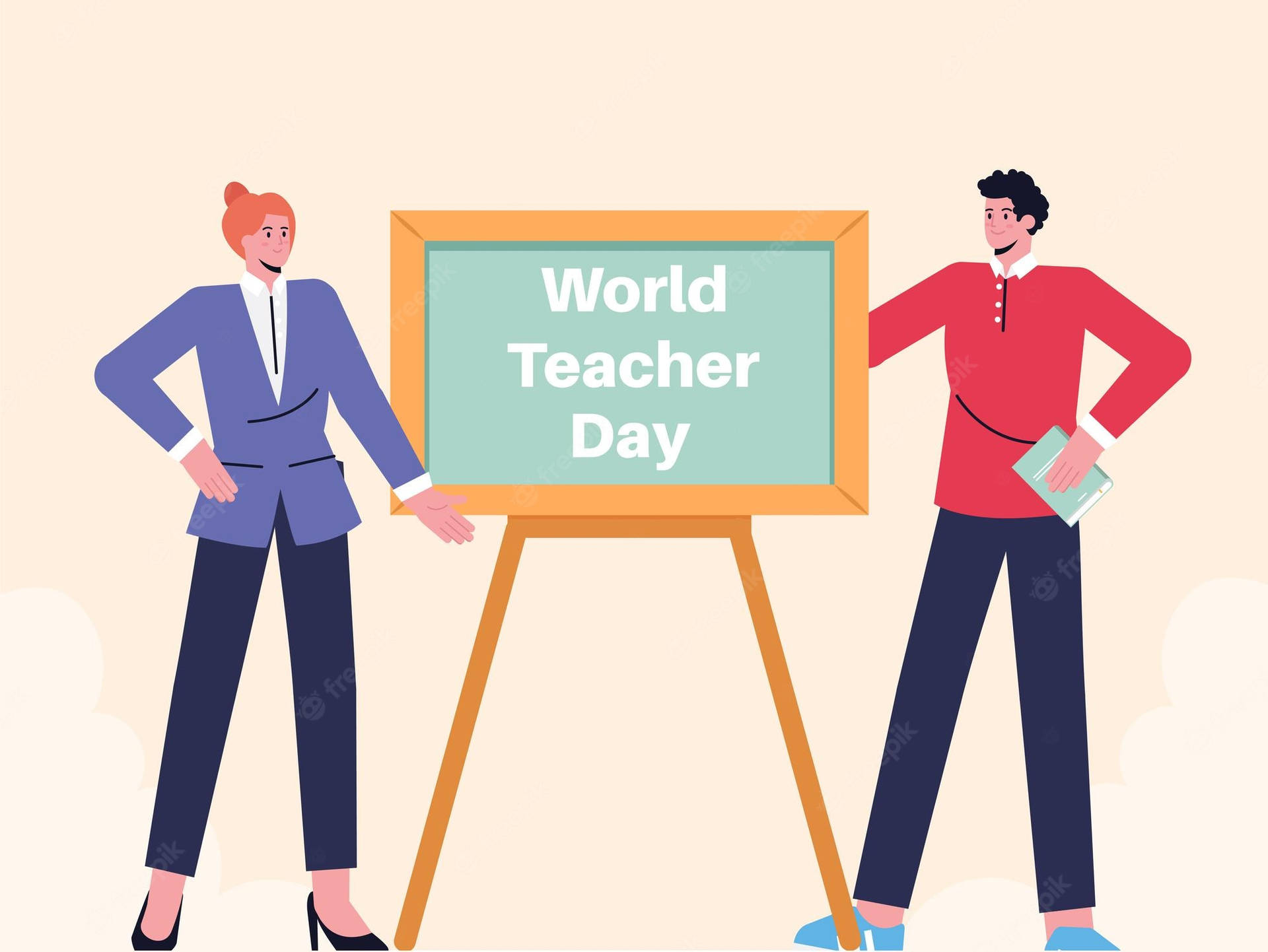 兩位老師用黑板慶祝世界教師日。