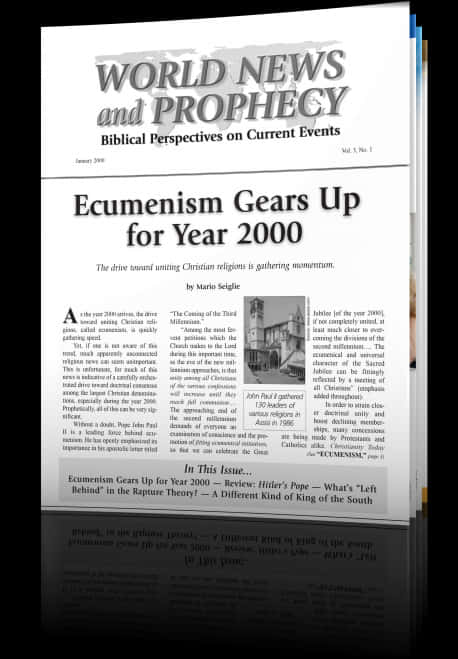 世界新聞與預言報紙 壁紙 — 一堆名為「World News and Prophecy」的復古宗教新聞雜誌，標題關於合一運動和2000年。