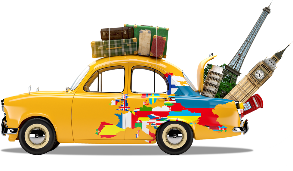 世界旅行主題汽車 壁紙 — 一輛充滿活力的黃色復古的士，裝滿行李箱並擠滿歐洲地標和旗幟。