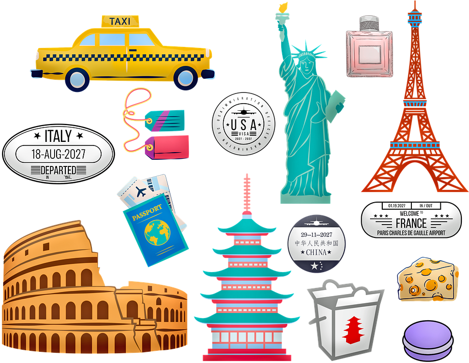 世界旅行圖標集 壁紙 — 一幅色彩繽紛的平面插圖拼貼，包含全球旅行圖標，如的士、雕像、艾菲爾鐵塔和護照印章。