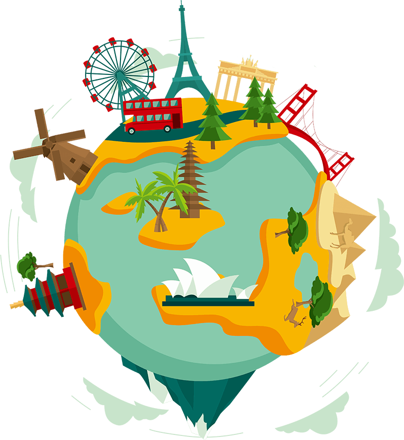 世界旅行地標插畫 壁紙 — 一個色彩繽紛的地球插圖，充滿了標誌性地標，如艾菲爾鐵塔、悉尼歌劇院和金門大橋。