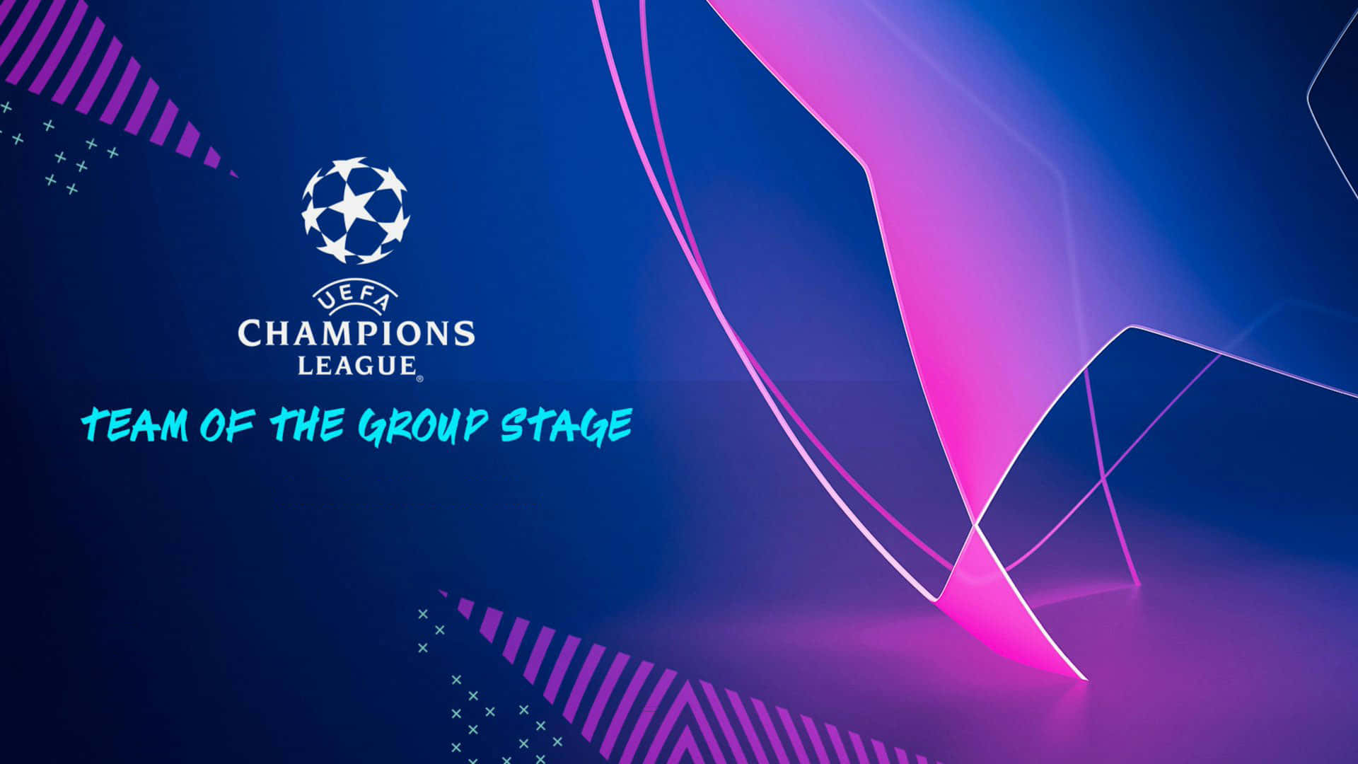 UEFA Champions League 小組賽階段球隊圖形，採用藍色和粉紅色抽象設計。
