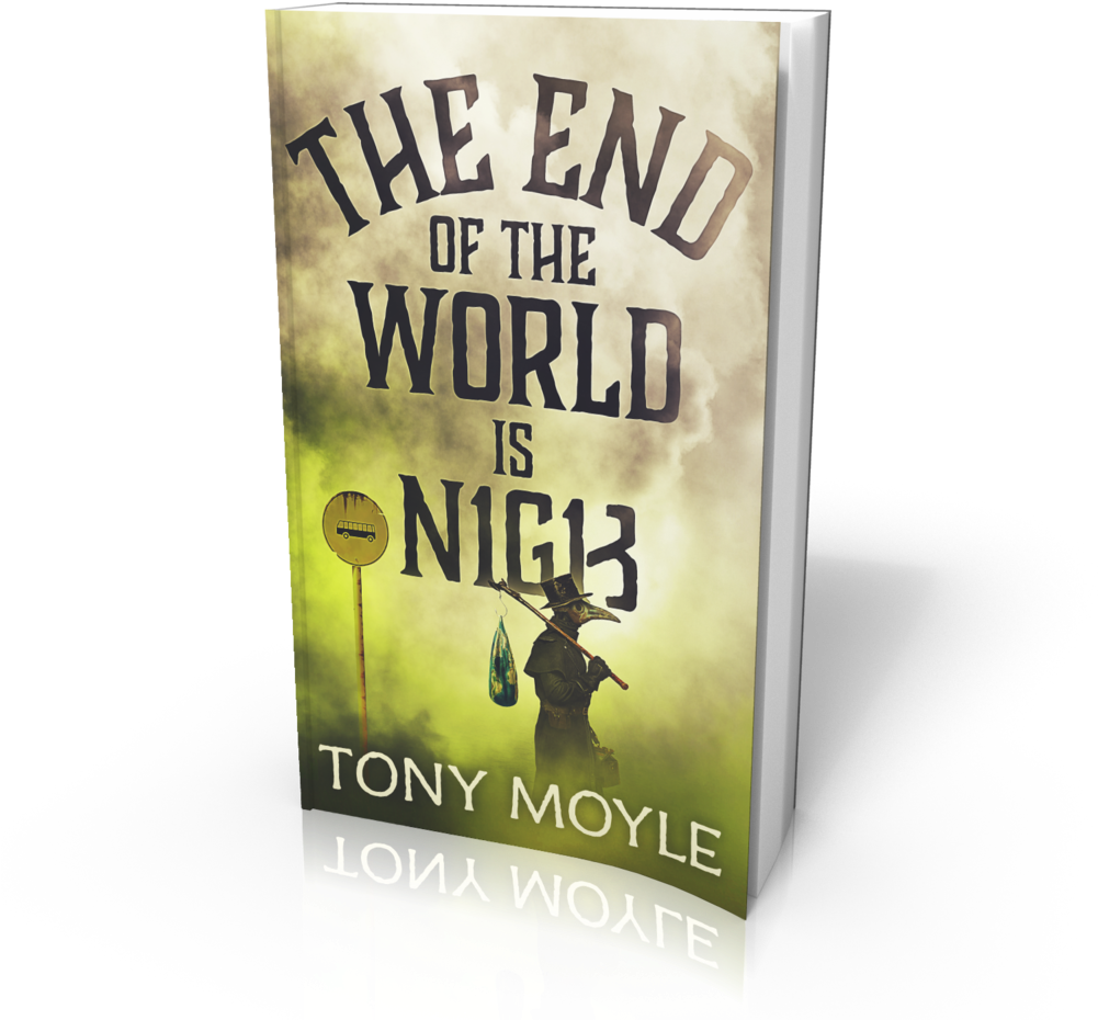 世界末日 書封 壁紙 — 一本名為「The End of the World is NIG13」的書封面，以煙霧彌漫的綠色和黃色天空為背景，呈現瘟疫醫生的剪影。
