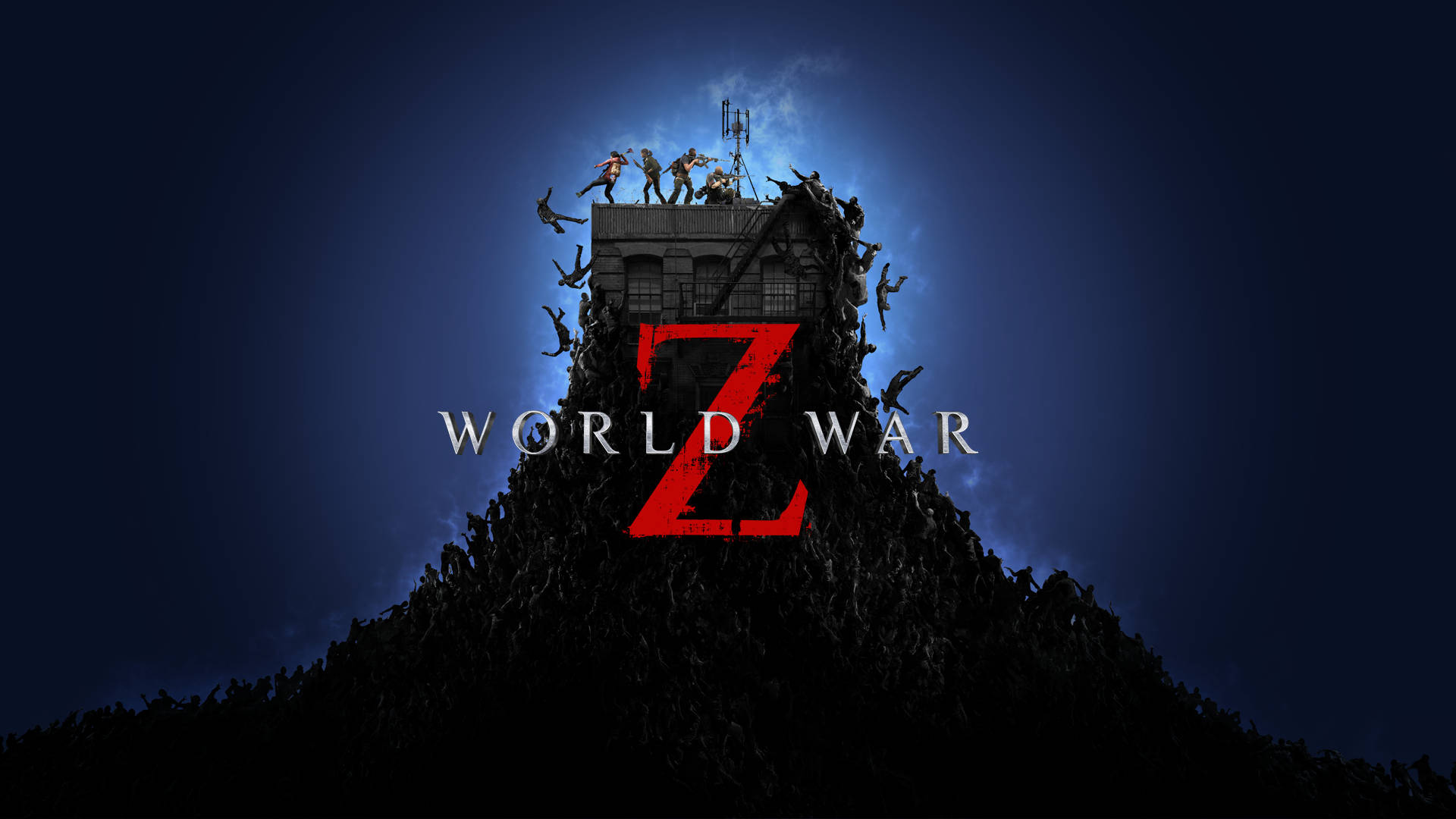 一座由喪屍組成的山，在深藍色天空襯托下帶有發光的紅色Z和World War文字。