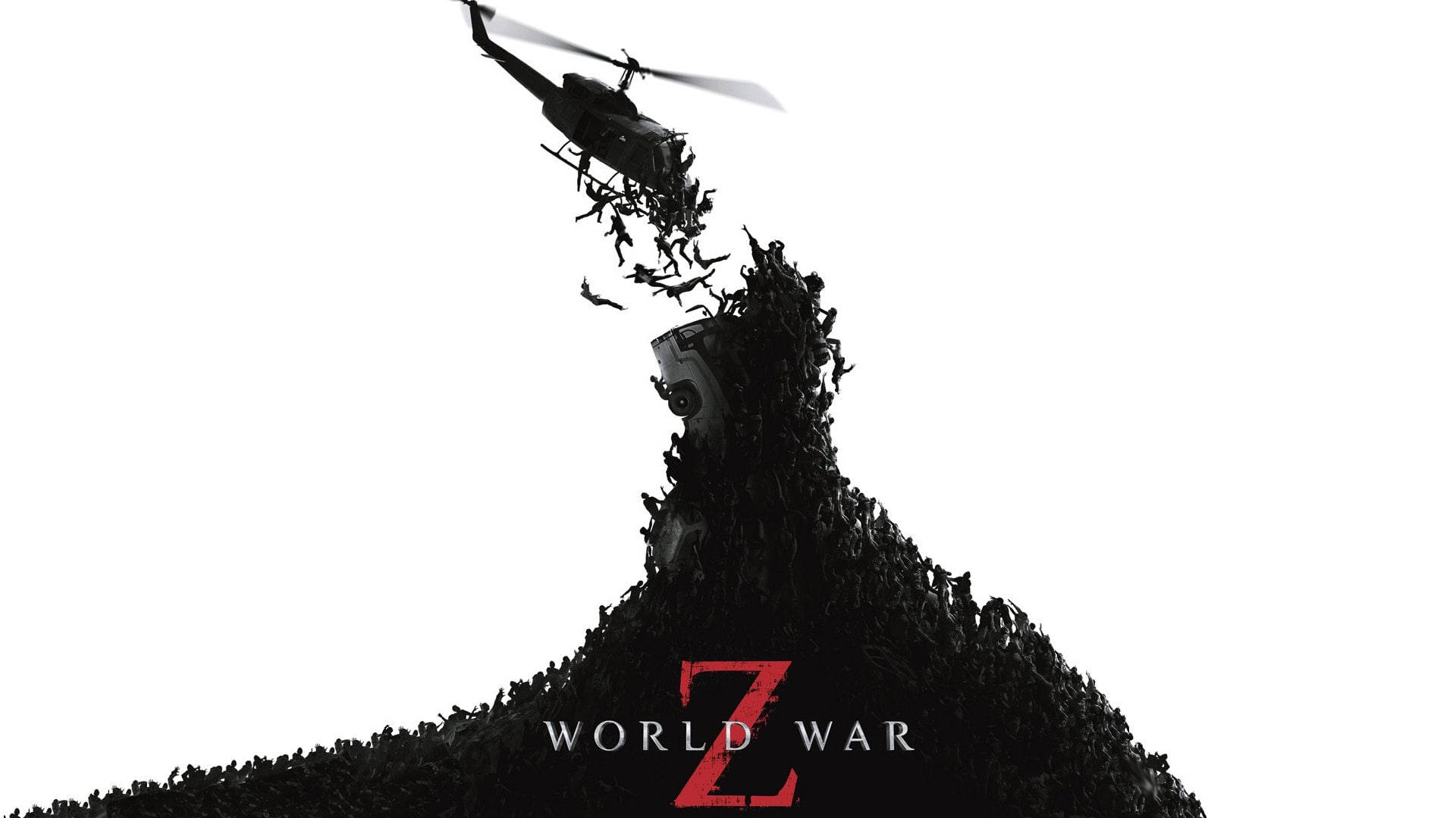 一架載有喪屍的直升機飛越不死生物山丘，帶有'Z World War'文字。