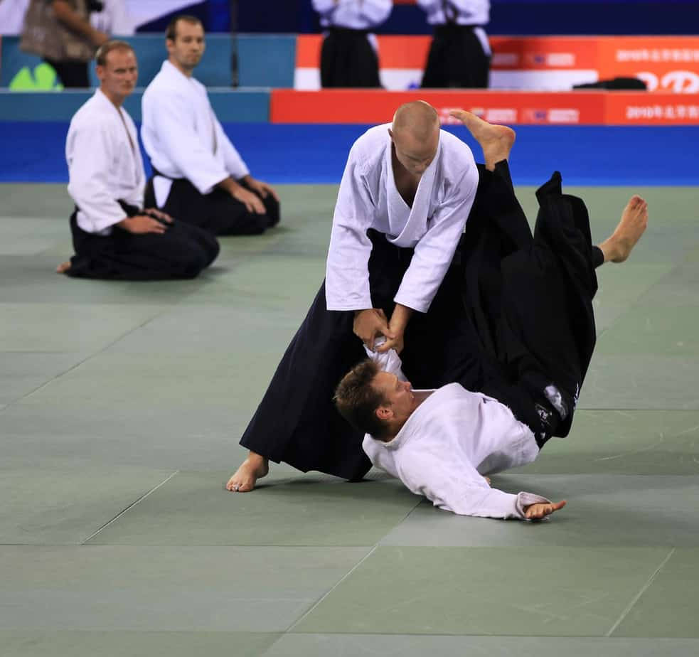世界武術競賽合氣道比賽 壁紙 — 一位穿著白色道服的武術家在室內比賽中對一位穿著黑色道服的對手執行一個動態的投擲。