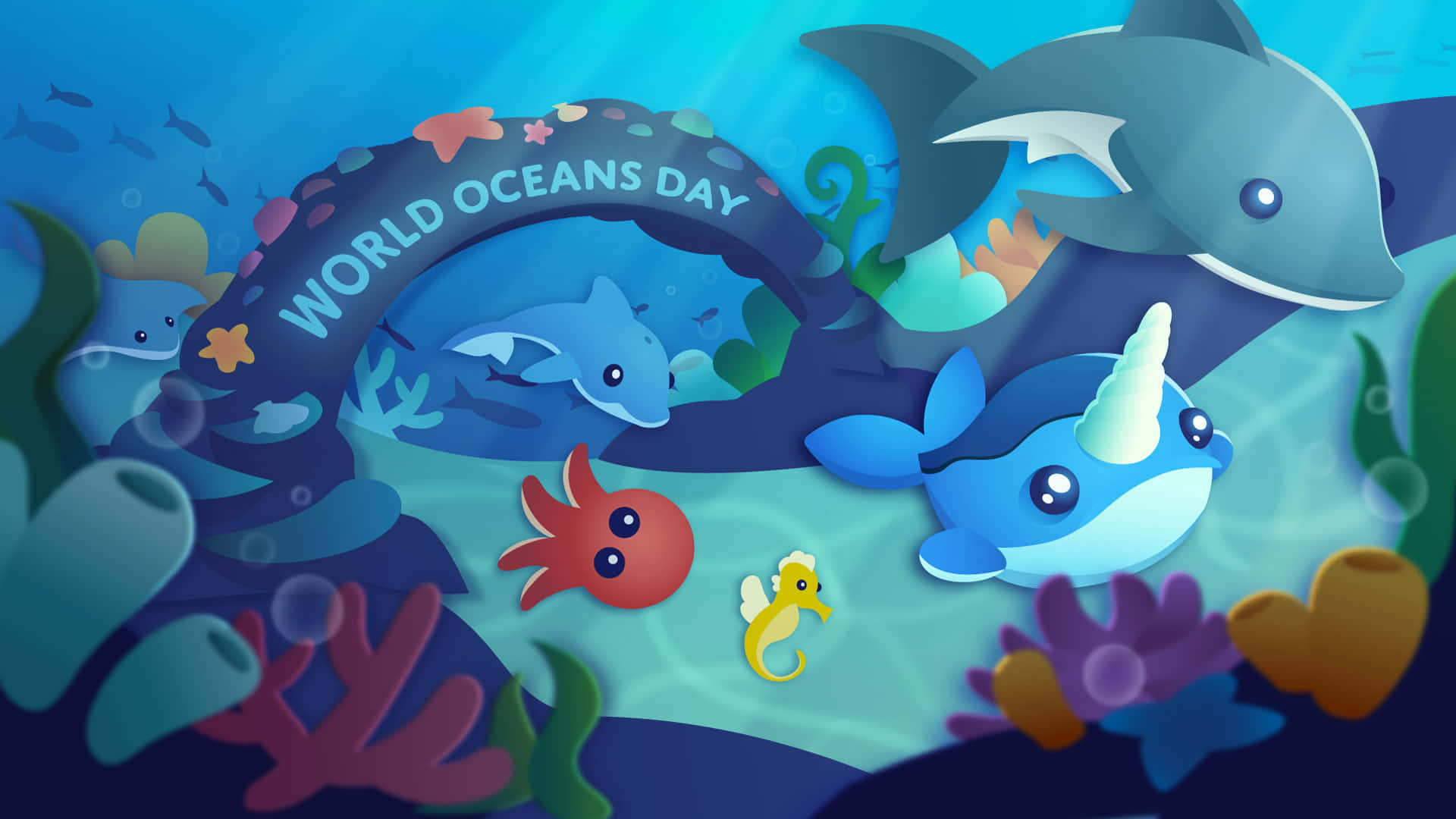 世界海洋日 - 截圖縮圖 壁紙 — 色彩繽紛的卡通海洋生物，包括海豚和獨角鯨，在珊瑚和氣泡中快樂地游過「世界海洋日」拱門。