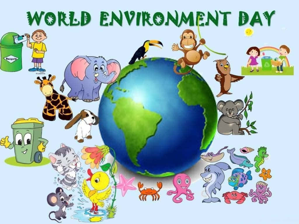 兒童和動物在世界環境日圍繞著帶有回收箱的地球儀慶祝。