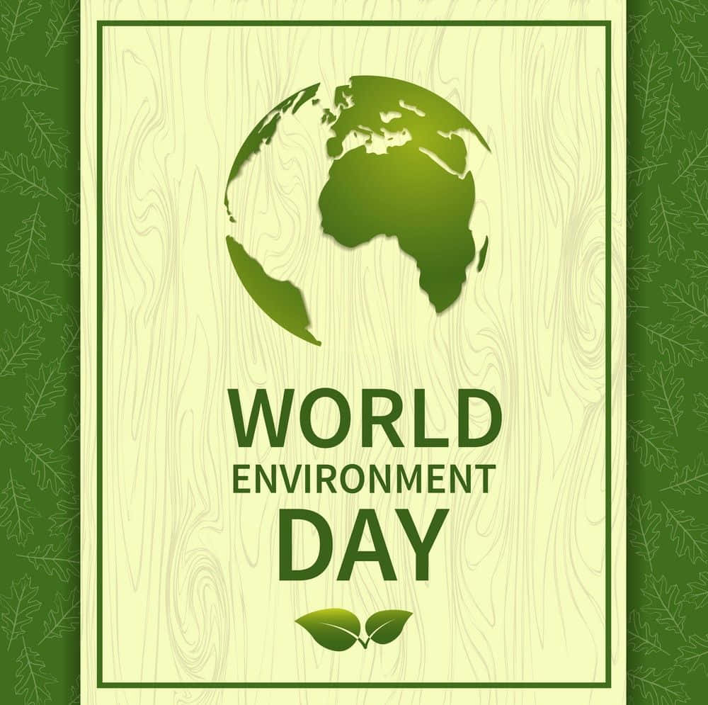 World Environment Day 圖案，包含地球和葉子，背景為木紋。