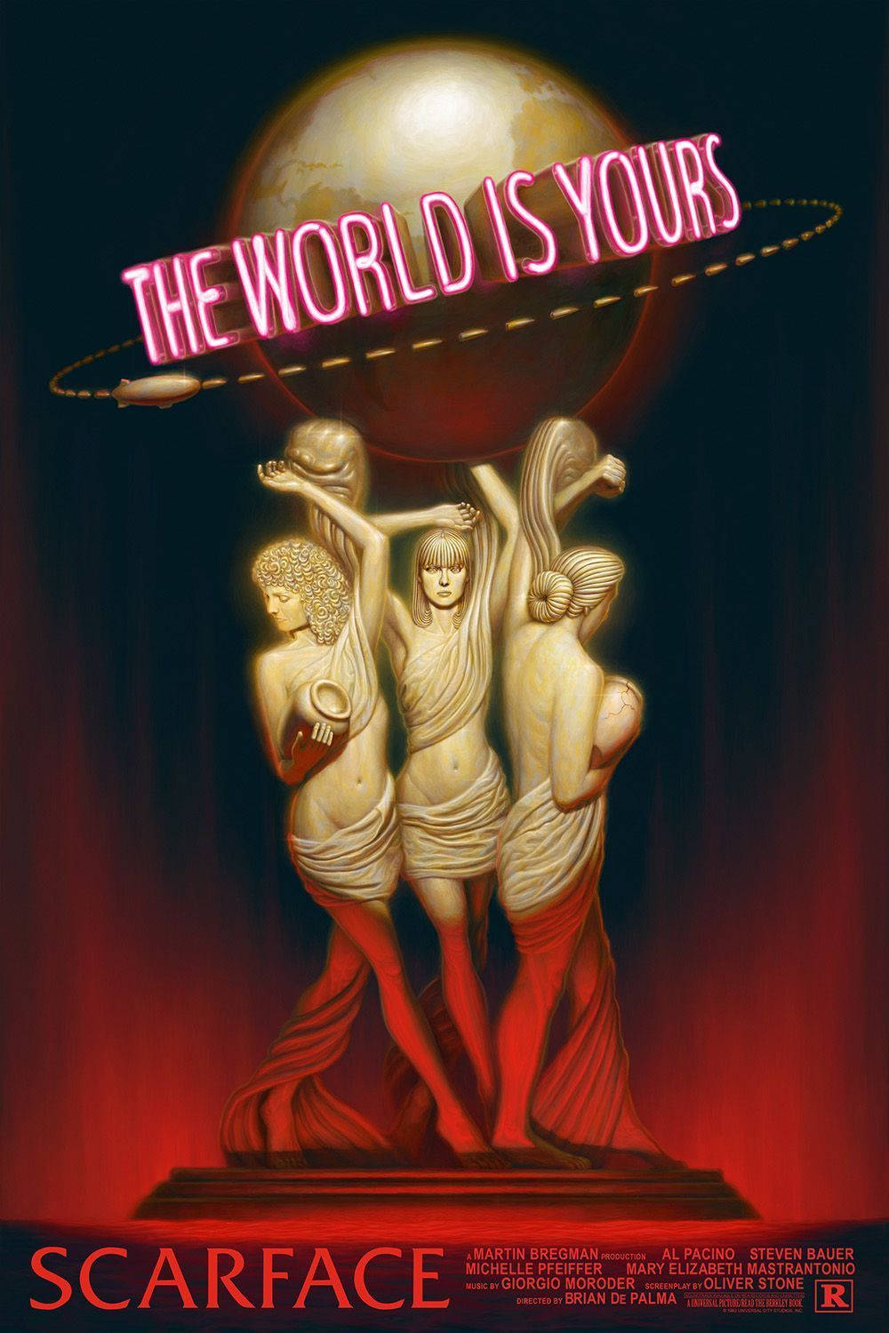 三尊雕像在《疤面煞星》電影海報上，於一個寫著「The World Is Yours」的霓虹燈牌下托著地球。