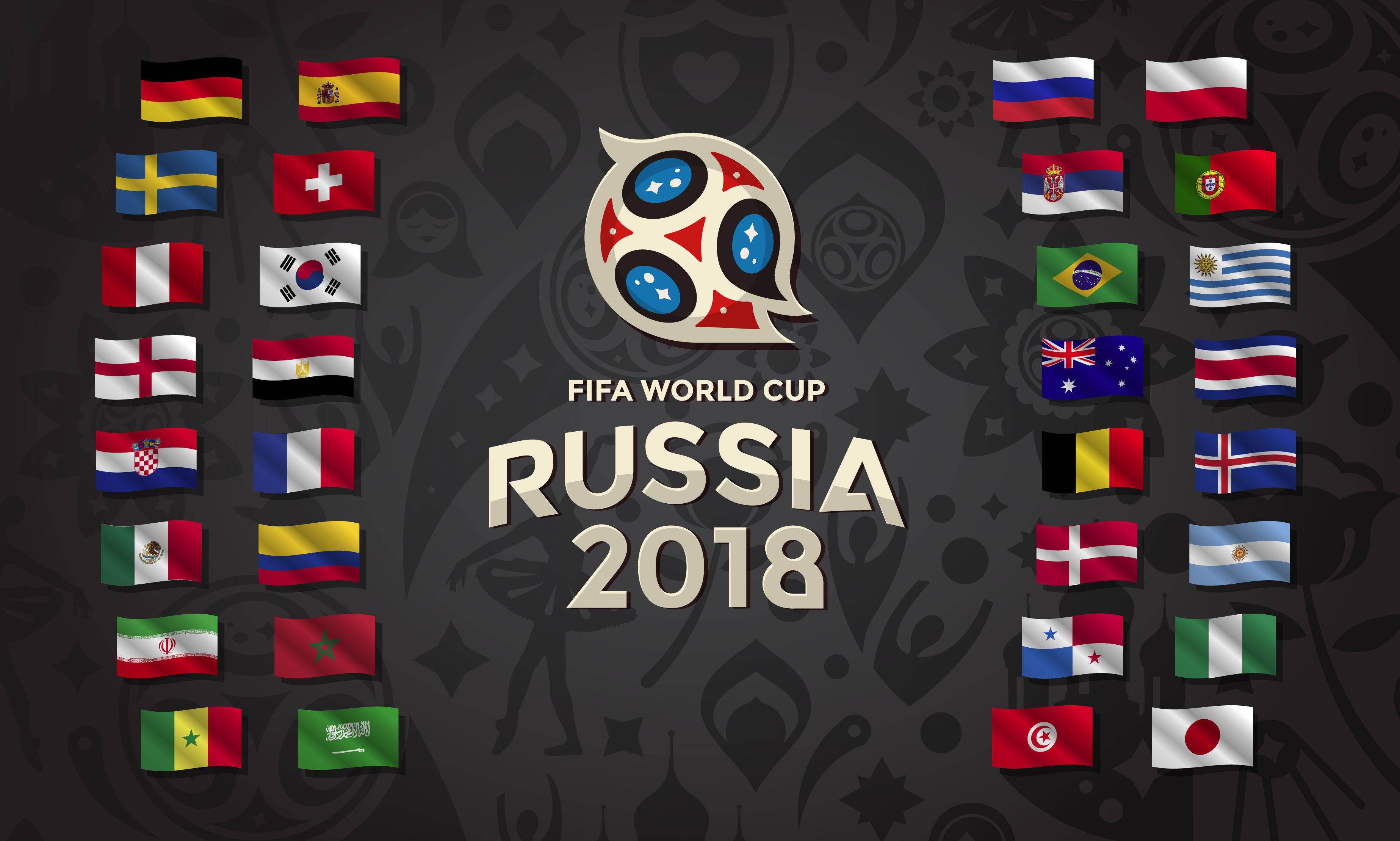 世界盃球員國旗海報 壁紙 — FIFA世界盃俄羅斯2018標誌，周圍環繞著參賽國家的飄揚旗幟，背景為深色圖案。